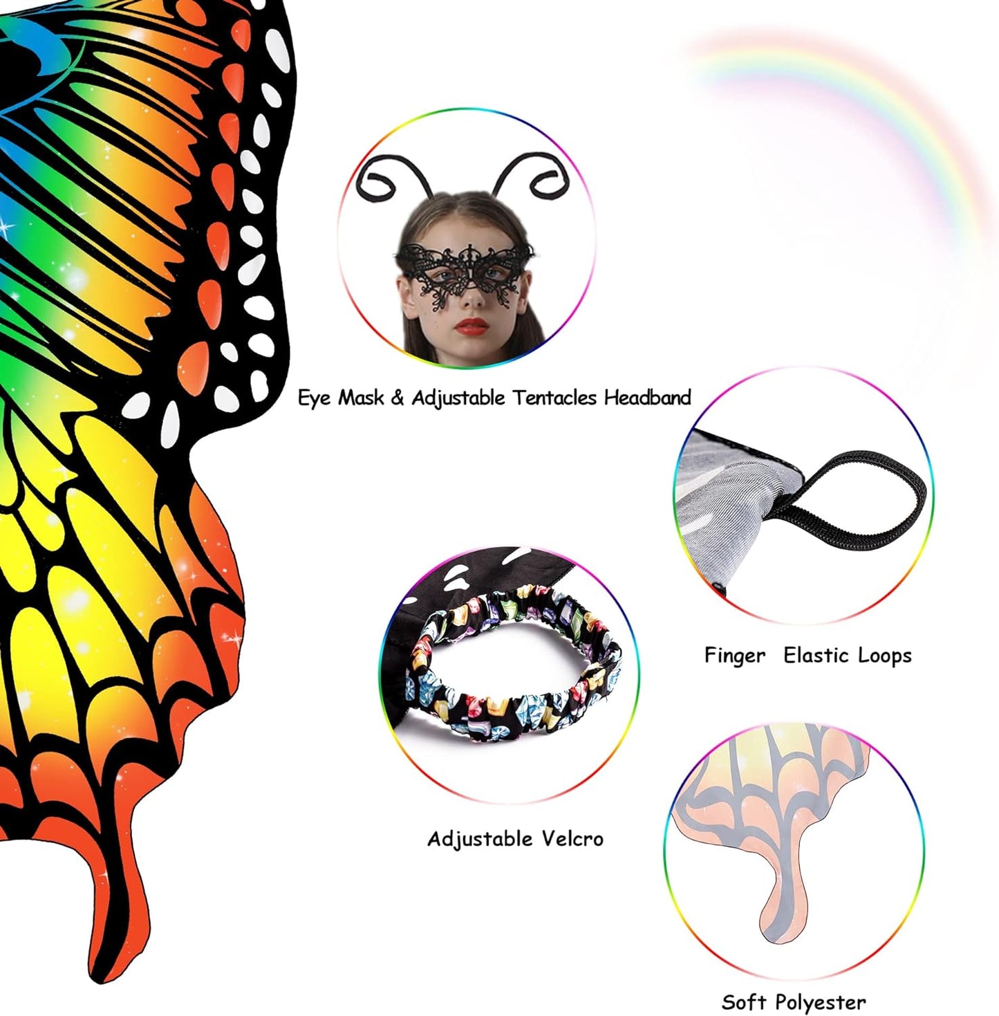 Halloween Butterfly Costume for Women - Adult Wings Cape Shawl with Lace Mask and Antenna Headband