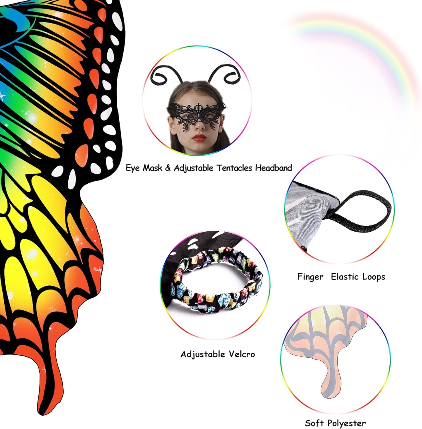 Halloween Butterfly Costume for Women - Adult Wings Cape Shawl with Lace Mask and Antenna Headband