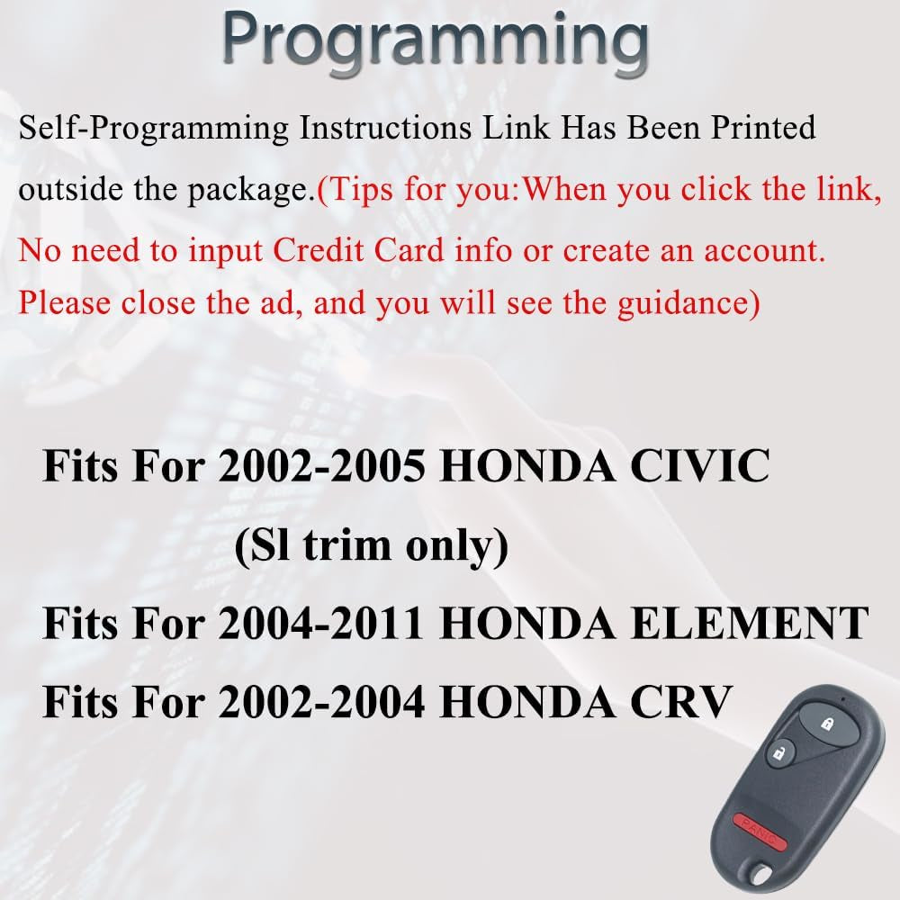 Key Fob Keyless Entry Fits for Honda Element 2004 2005 2006 2007 2008 2009 2010 2011 / 2002-2005 Honda Civic (Sl Trim Only) CR-V Remote Control Replacement OUCG8D-344H-A 72147-S5T-A01