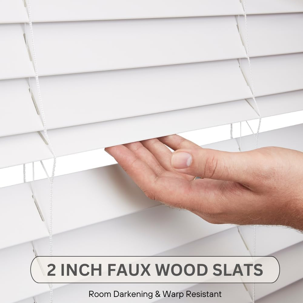 Cordless Faux Wood Blinds, 35" Wide X 84" Long, Smooth, Snow White, 2 Inch Horizontal Blinds – for Living Room, Bedroom, Interior Door Windows