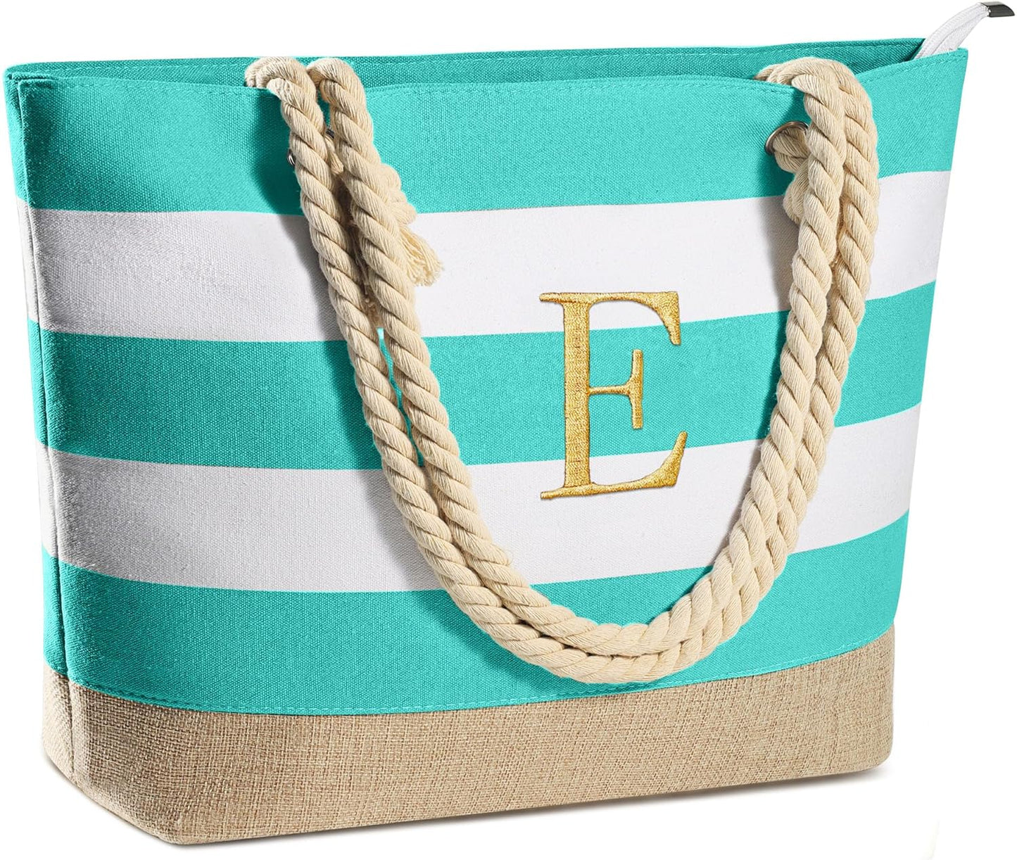 Initial Canvas Waterproof Beach Tote Bag Zipper Personalized Gifts for Women Her Birthday Travel Beach Essential
