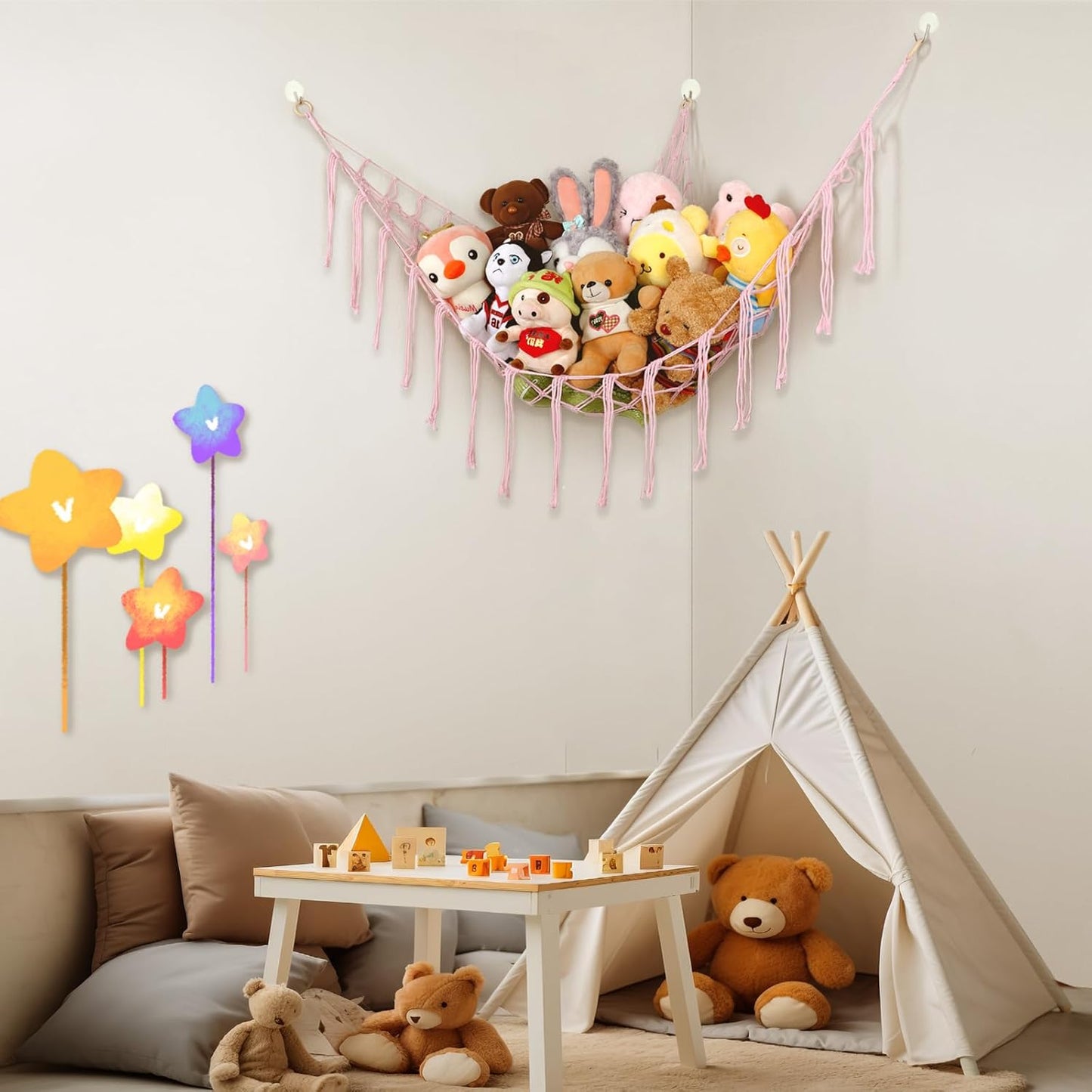 Boho Stuffed Animals Net or Hammock Large,55 Inch Toy Hammock Macrame Stuff Animal Storage Corner Hanging Net Holder,Mesh Hammock Plush Toy Organizer with Hooks for Bedroom,Nursery (Light Pink)