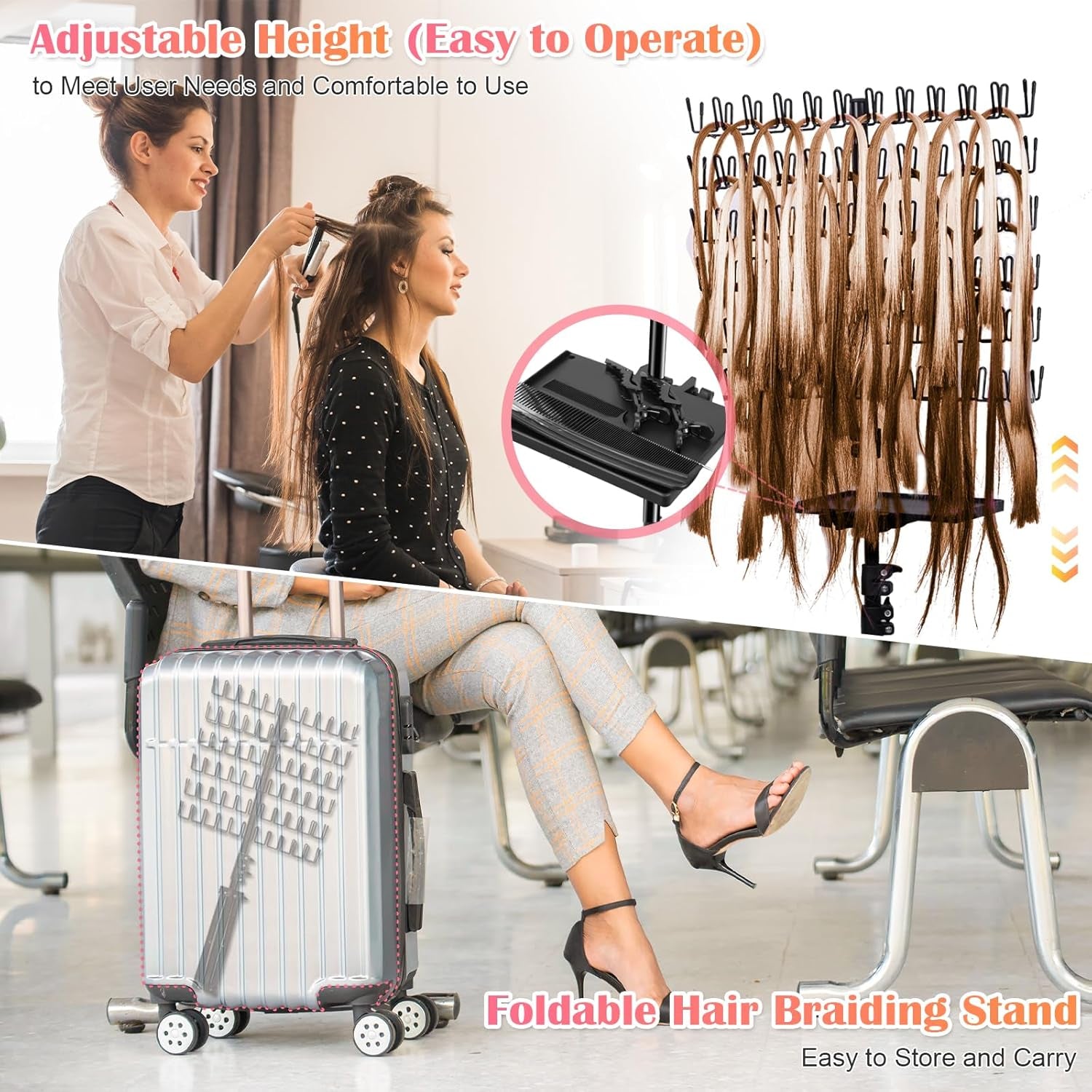 Braiding Hair Rack, with Salon Tray and Hair Braiding Kit, Portable Height Adjustable Hair Braiding Rack, Hair Racks for Braiders Standing -140 Pegs (Black)