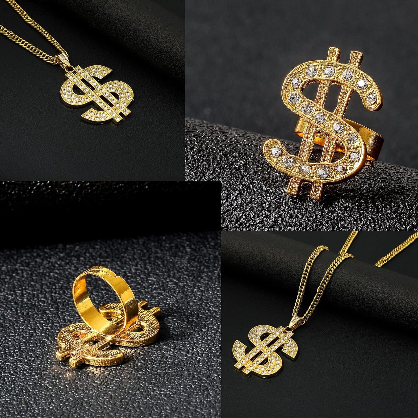 80S 90S Hip Hop Costumes Outfit for Men, ﻿8 Pcs Fake Gold Chain Money Sign Necklace Sunglasses Hat, Dollar Sign Finger Ring for Men Women Rapper Jewelry Accessories