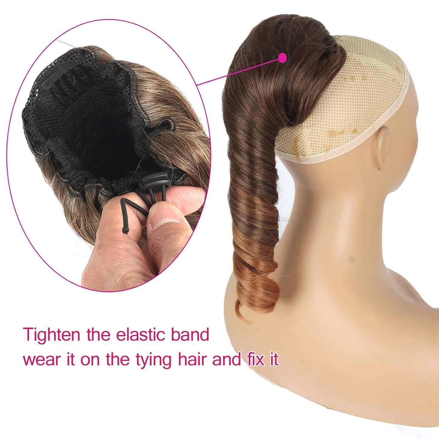 Highlights Curly Ponytails Drawstring Ponytail Extension for Black Women, 14Inch Ombre Brown Ponytail Short Spiral Curl Hair Piece Clip on Ponytails for Women Pretty Party Hair Extensions(T4/30#)