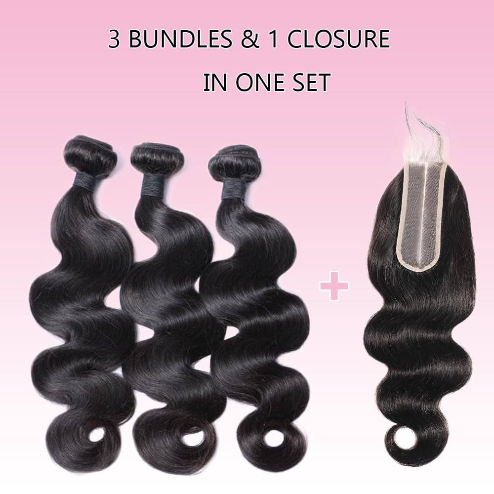 Body Wave Human Hair Bundles with Closure (16 18 20 +14) Brazilian 2X6 HD Lace Closure with Bundles 10A Grade Unprocessed Virgin Hair Bundles with Closure Natural Black Color