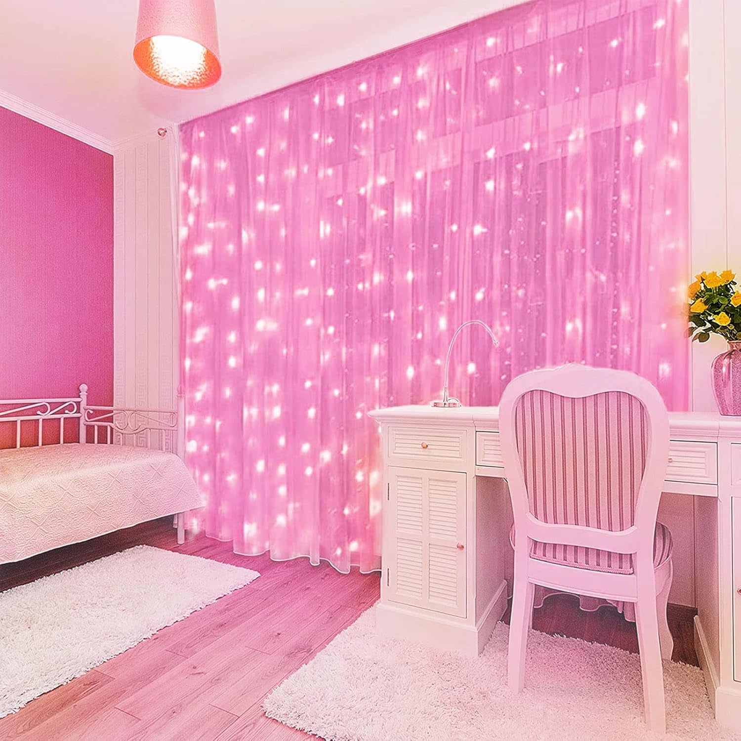 Pink Curtain Lights - 8 Modes LED Fairy String Lights for Windows, Ideal for Christmas, Valentine'S Day, Weddings, Party Room Decor