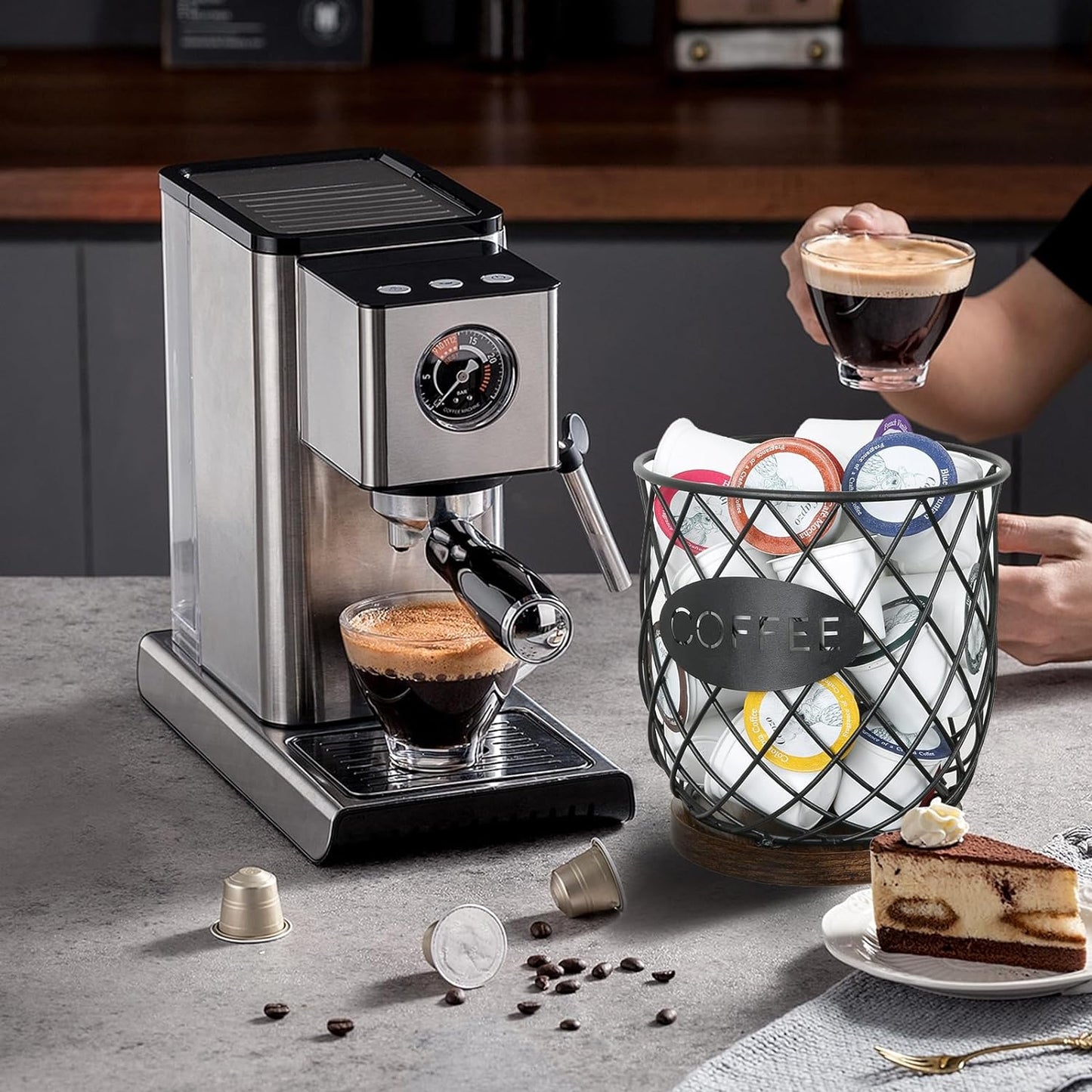 K Cup Holder Organizer, Sturdy Coffee Pod Holder Organizer, 35 Kcup Large Capacity Storage Basket for Kitchen Counter and Office Desktop (Circular Grid)