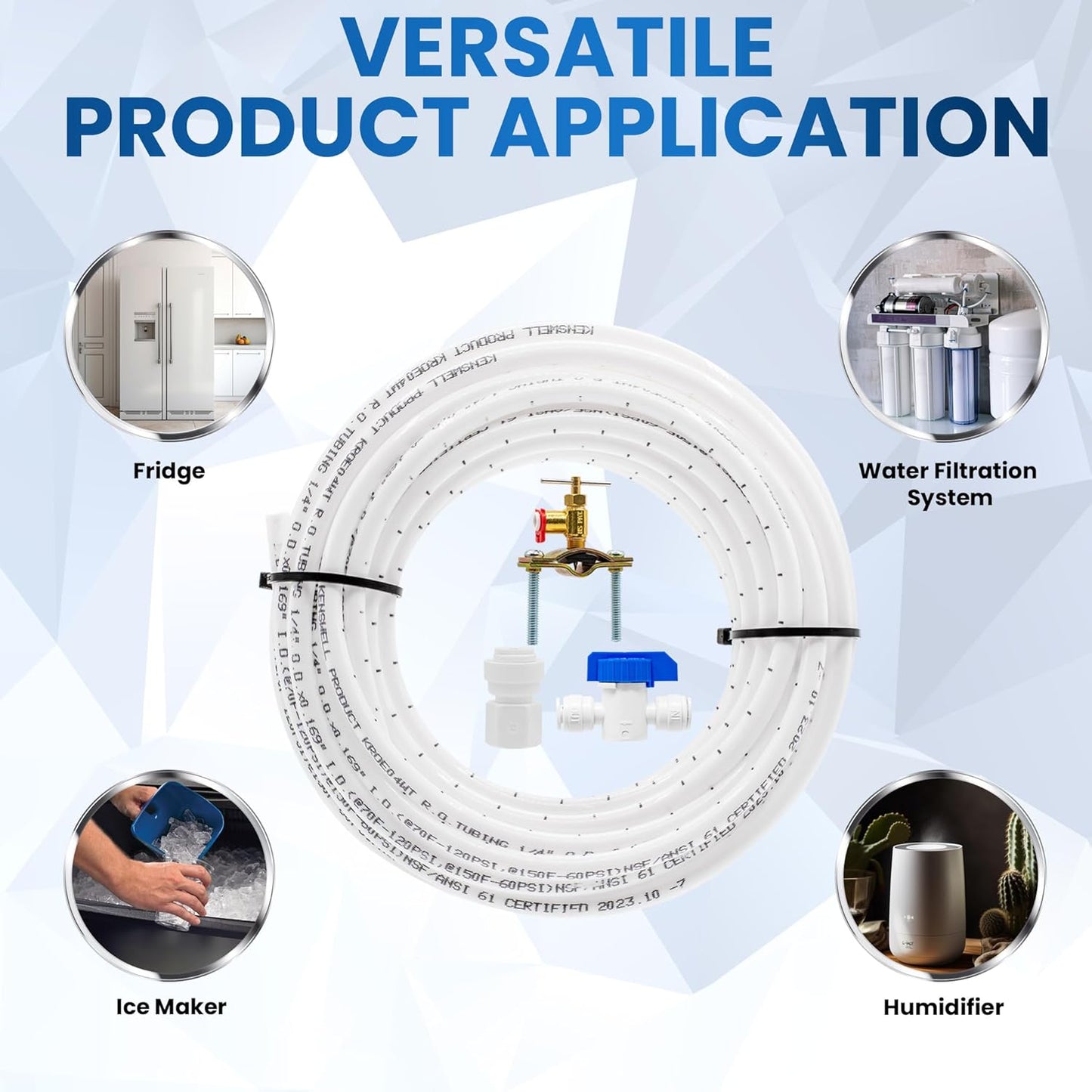 Refrigerator Water Line Kit for Ice Maker, Freezer, Humidifier, Water Filtration System. 25 FT X 1/4” OD Tube, 1/4" OD Quick Connect Self-Piercing Needle Saddle Valve, Adapter, & Ball Valve