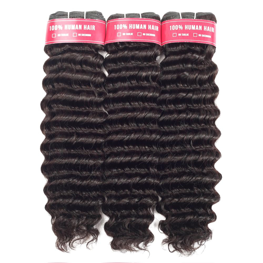 12A Deep Wave Human Hair Bundles Brazilian Deep Curly Bundles Human Hair 16 18 20 Inchs 3 Bundles Deals Human Hair 100% Unprocessed Natural Black