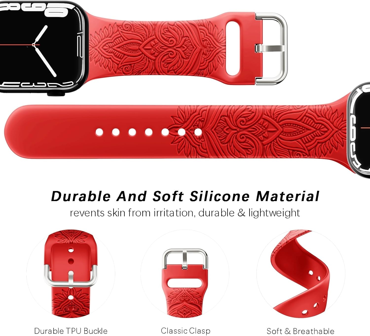 Chinese Style Engraved Bands Compatible with Apple Watch Bands 38Mm 40Mm 41Mm for Women Girl, Floral Design Soft Silicone Strap for Iwatch Ultra/Ultra 2 Series 9/8//7/6/5/4/3/2/1/SE