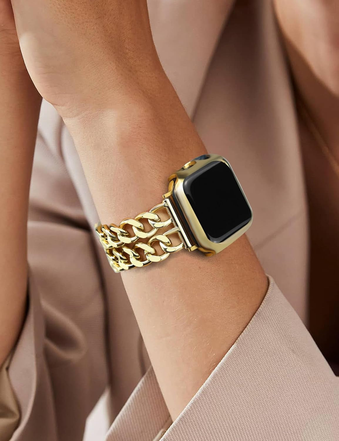 Gold Watch Bands for Women Compatible with Apple Watch Band 38Mm 40Mm 41Mm Adjustable Metal Band Cowboy Steel Chain Bracelet for Iwatch Series 9/8/7/6/5/4/3/2/1/Se/Ultra (No Case)