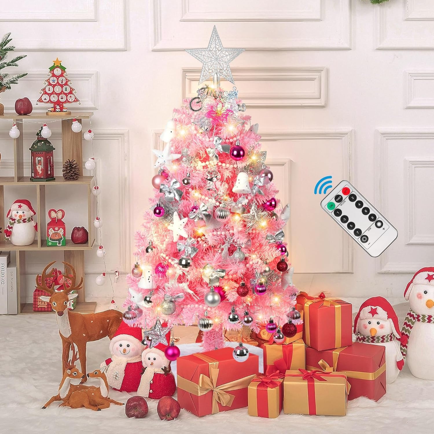 3FT Pink Christmas Tree, Small Tabletop Christmas Tree with 80 LED Lights, Mini Artificial Prelit Christmas Tree, 200 Lifelike Branches, 110 Ornaments, Pink Christmas Decorations for Home