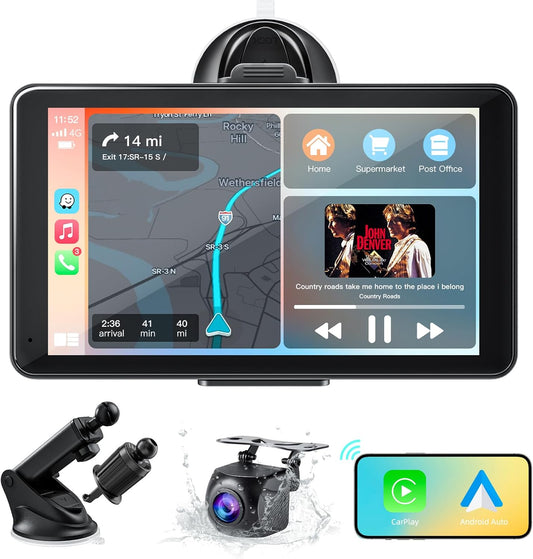 Carplay Car Stereo, Portable 7'' Car IPS Touch Screen with 720P Backup Camera for Most Vehicles with Car Drive Mate Navigation, Siri, FM, Bluetooth, and 3.5Mm AUX