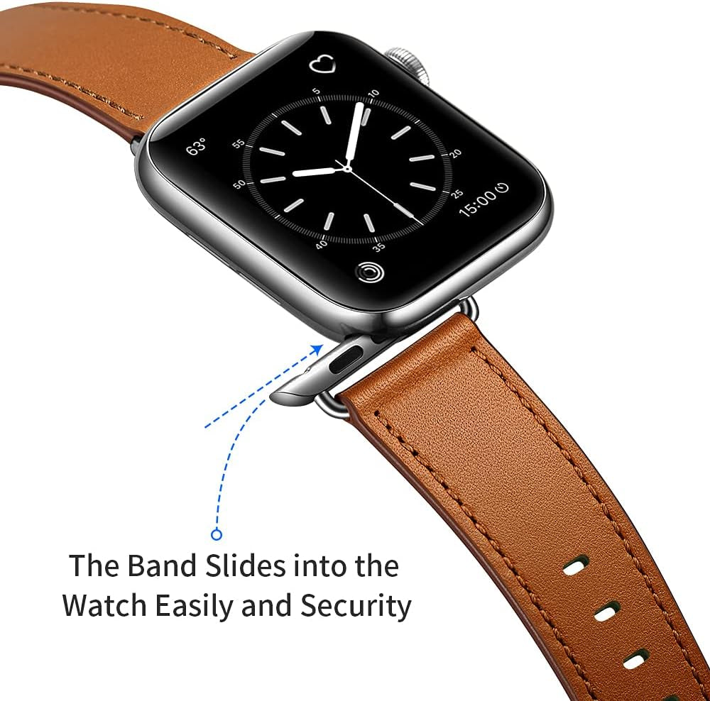 Compatible with Apple Watch Band 49Mm 46Mm 45Mm 44Mm 42Mm(Series 3 2 1), Genuine Leather Band Replacement Strap Compatible with Apple Watch (Black/Black+Brown/Silver)