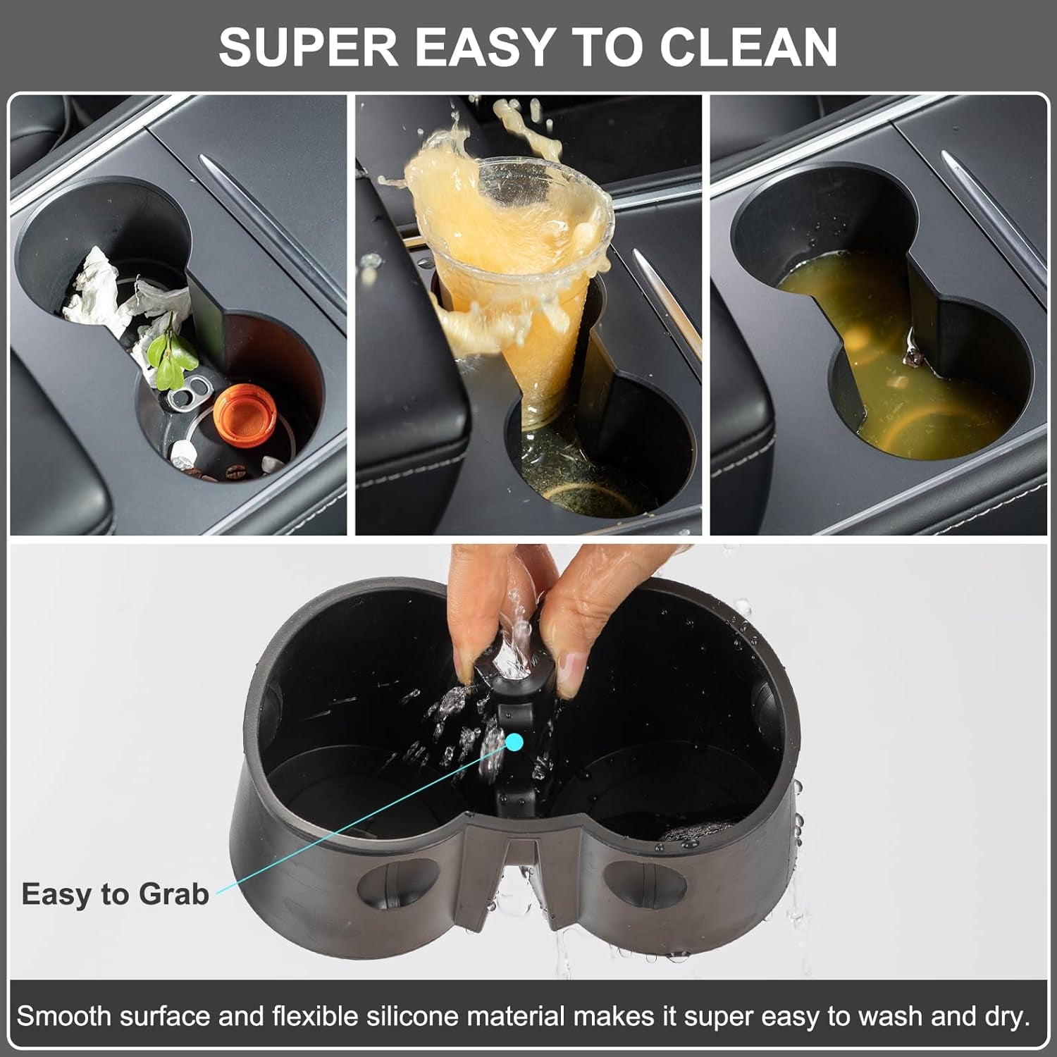Cup Holder Insert for Tesla Model Y 2023, Upgraded Cup Holder Insert Compatible with Tesla Model 3 Model Y 2023 2022 2021, Leakproof Silicone Center Console Cup Holder, 1PCS (Black)