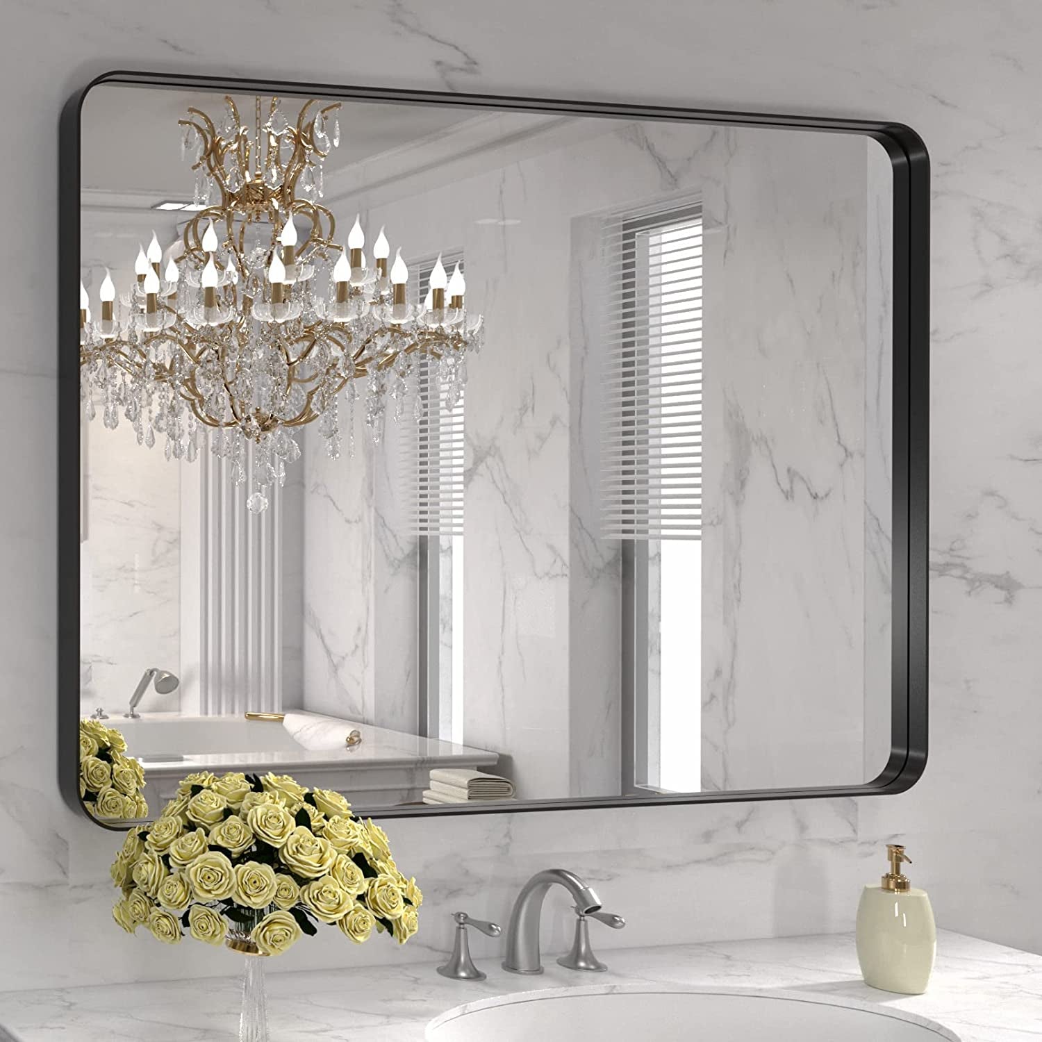 50X30 Inch Black Metal Framed Bathroom Mirror for Wall, Matte Black Bathroom Vanity Mirror Farmhouse, Large Rounded Rectangle Mirror, Anti-Rust, Tempered Glass, Hangs Horizontally or Vertically
