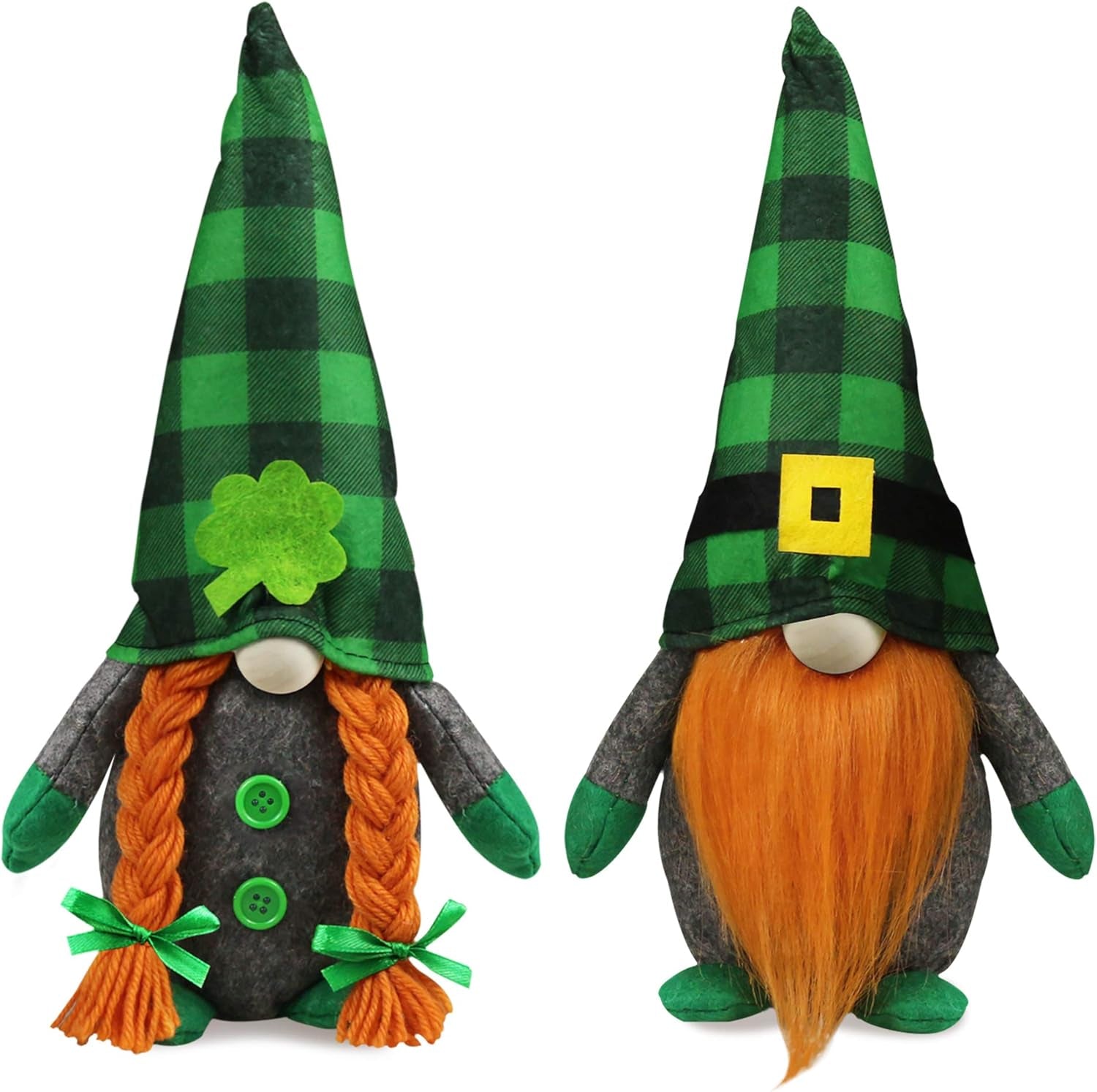 St.Patrick'S Day Gnome Plush Elf Decorations - Mr and Mrs Green Buffalo Check Plaid Handmake Scandinavian Tomte - Saint Patrick'S Day Irish Decorations, Home Table Ornament