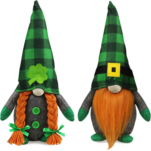 St.Patrick'S Day Gnome Plush Elf Decorations - Mr and Mrs Green Buffalo Check Plaid Handmake Scandinavian Tomte - Saint Patrick'S Day Irish Decorations, Home Table Ornament
