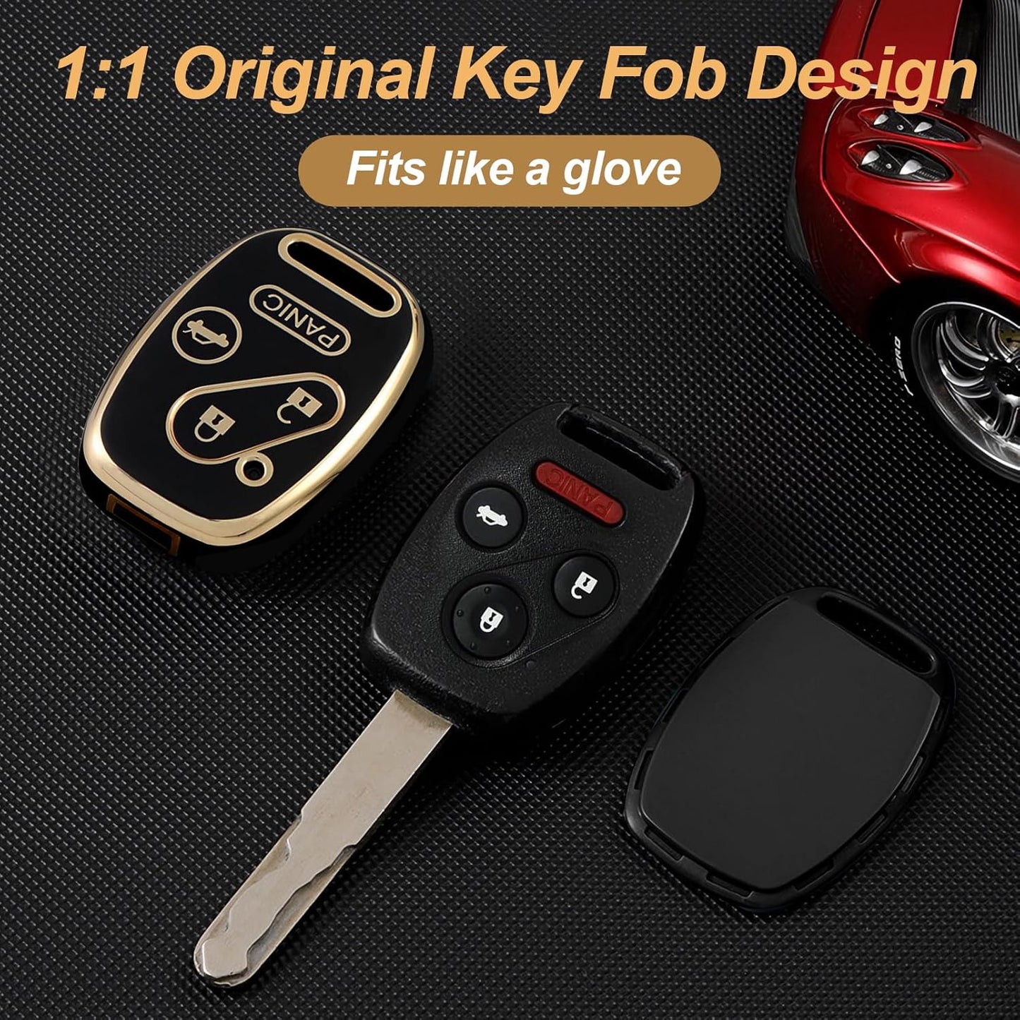 Key Fob Cover for Honda with Leather Keychain, Premium TPU Key Case Compatible with 2003-2015 Honda Accord Crosstour Civic EX CR-V Pilot Element Remote Smart Car Key Protector（Black）