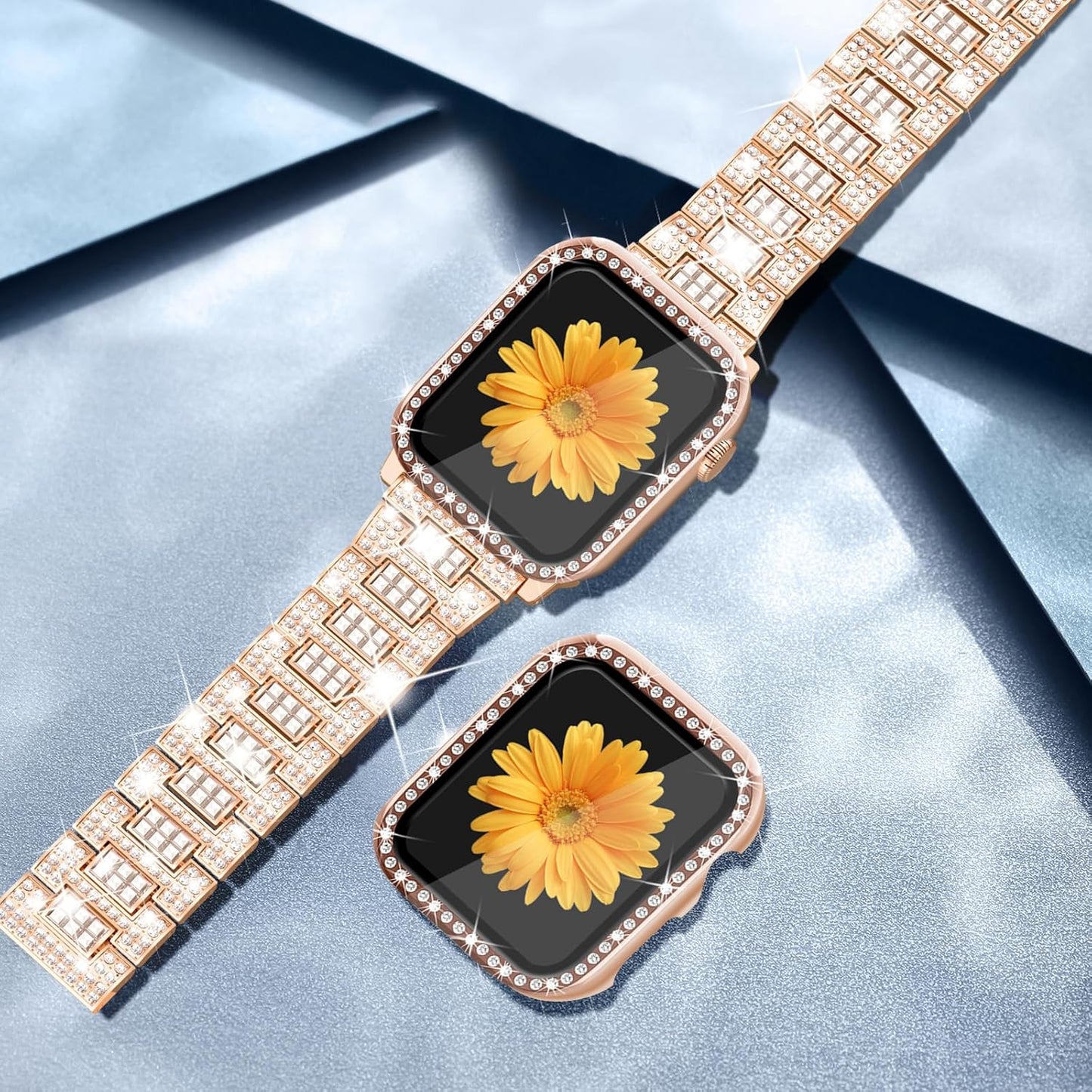 Compatible for Apple Watch Band with Screen Protector Case, Jewelry Replacement Band 45Mm 44Mm 42Mm 41Mm 40 Mm 38Mm 2 Pack Bling Protective Cover for Iwatch Series 9/8/7/6/5/4/3/2/1/SE Women