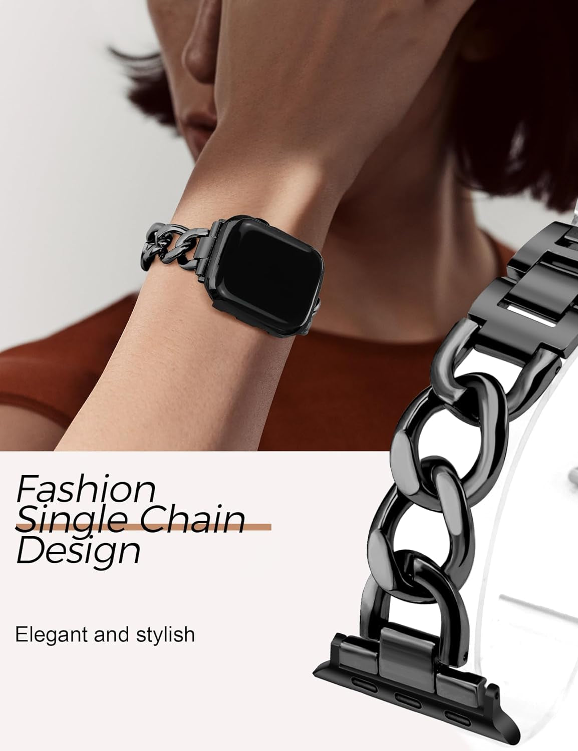 Black Watch Bands for Women Compatible with Apple Watch Band 38Mm 40Mm 41Mm Adjustable Metal Band Cowboy Steel Single Chain Bracelet for Iwatch Series 9/8/7/6/5/4/3/2/1/Se/Ultra (No Case)