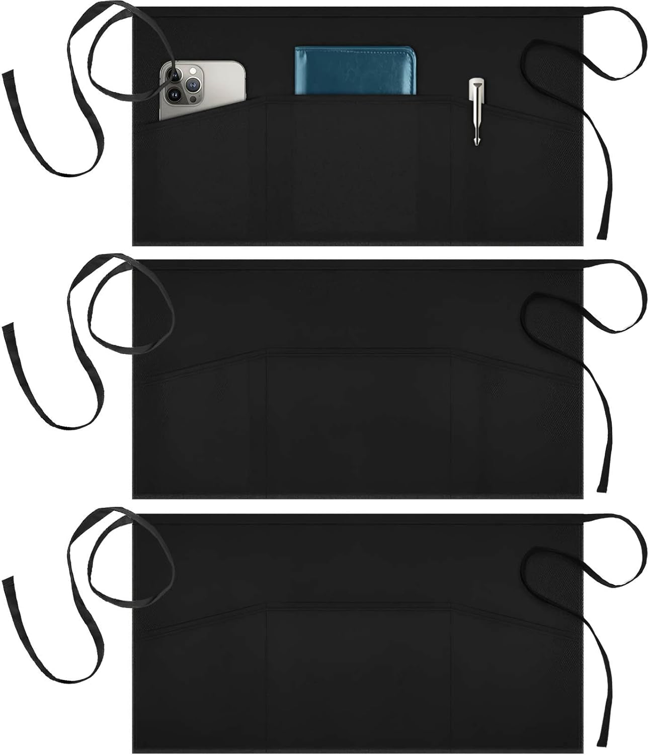 3 Pack Server Aprons with 3 Pockets, Waterdrop Resistant Waitress Waiter Waist Apron, 11.5-Inch Black