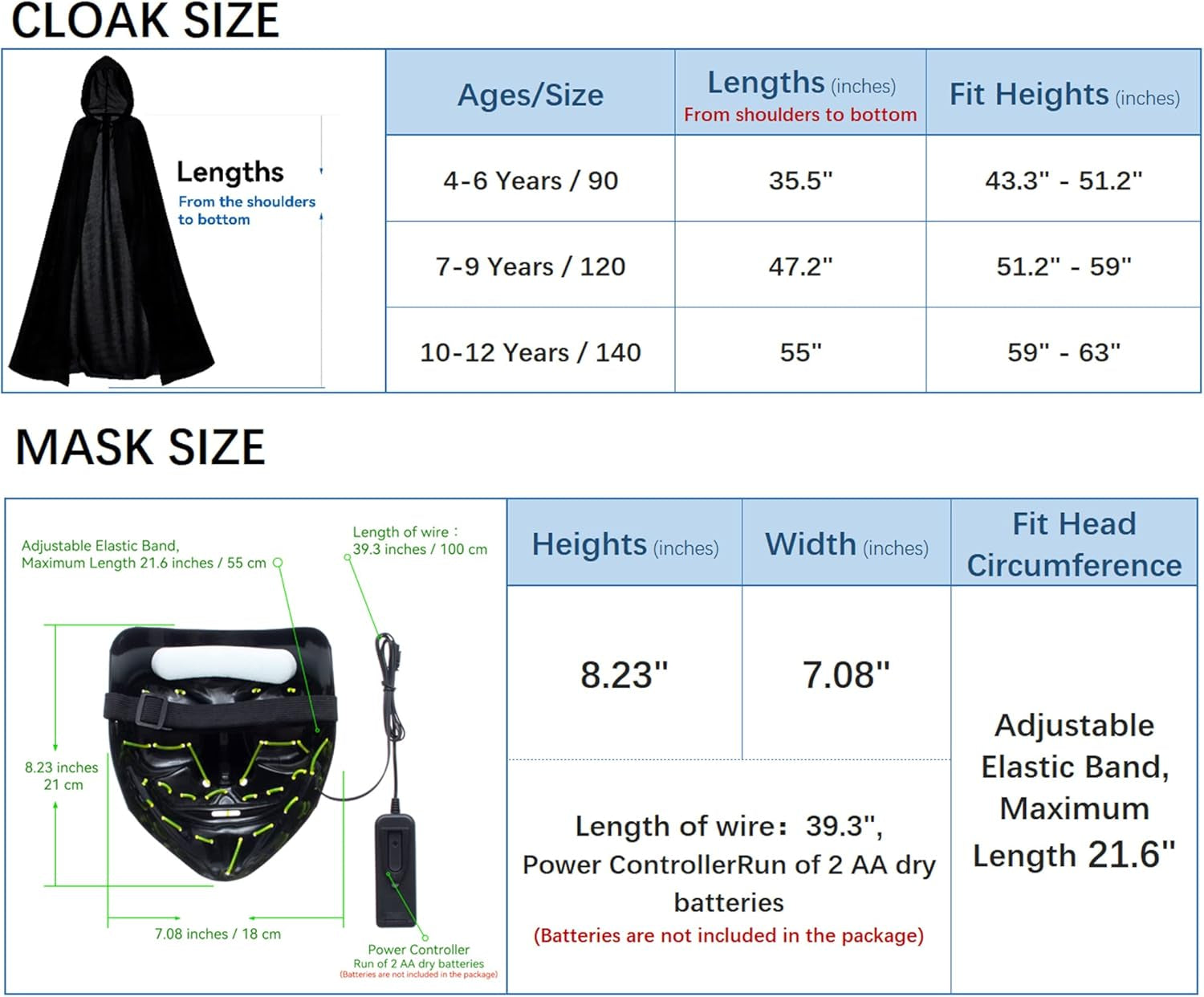 Kids Full Length Hooded Velvet Cloak Halloween Cape Costumes with LED Light up Scary Mask