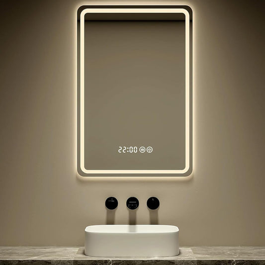 Led Bathroom Mirror Smart Mirror with Anti-Fog, Adjustable 3 Color3 Light, Wall Mounted anti Fog Lighted Smart Vanity Mirror with Time & Temperature Display (20''X28'')
