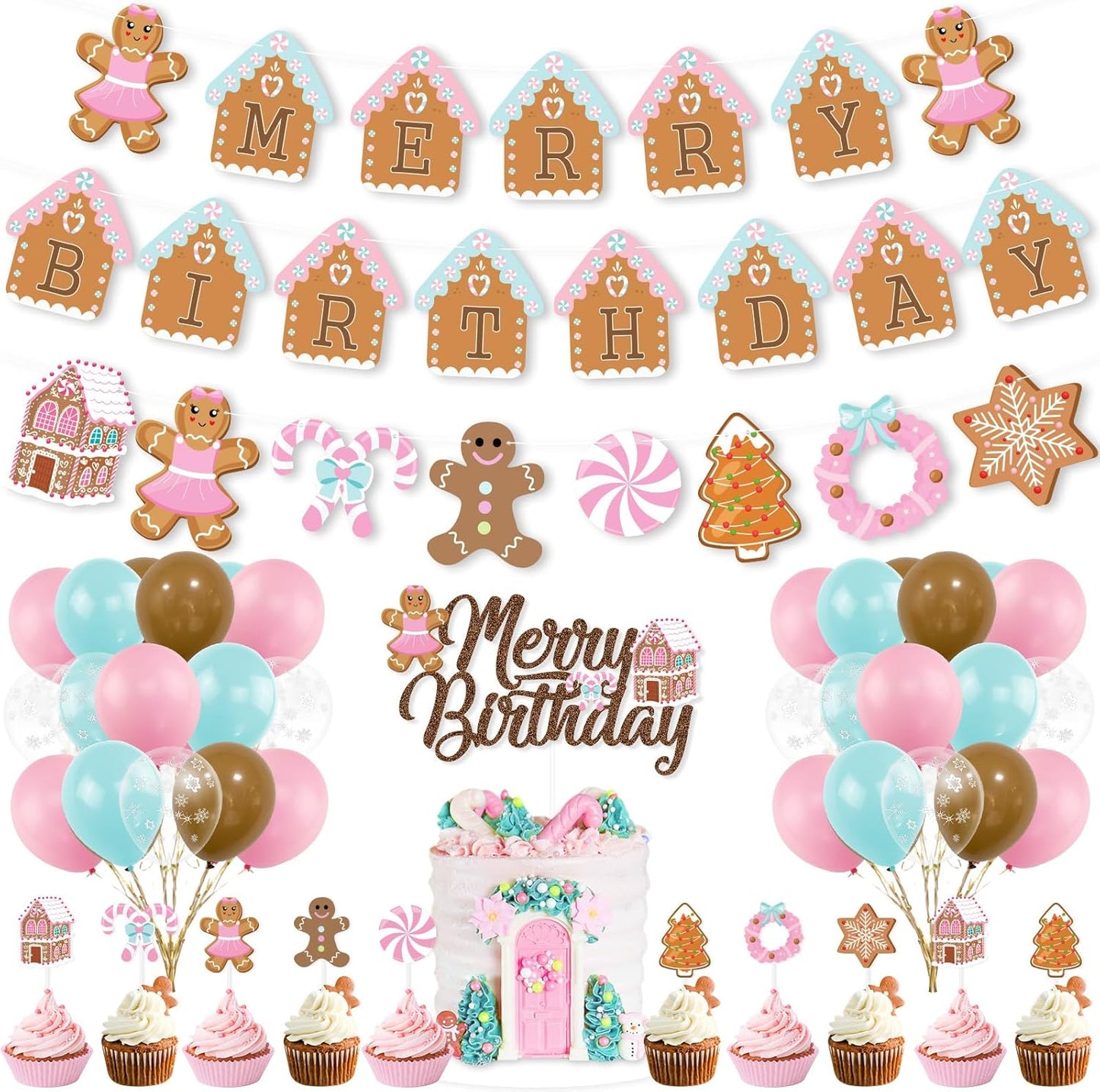 Christmas Birthday Decorations,Pink Gingerbread Man Merry Birthday Theme Banner Candy House Cake Topper Latex Balloons for Boys Girls Birthday Party Supplies Baby Shower