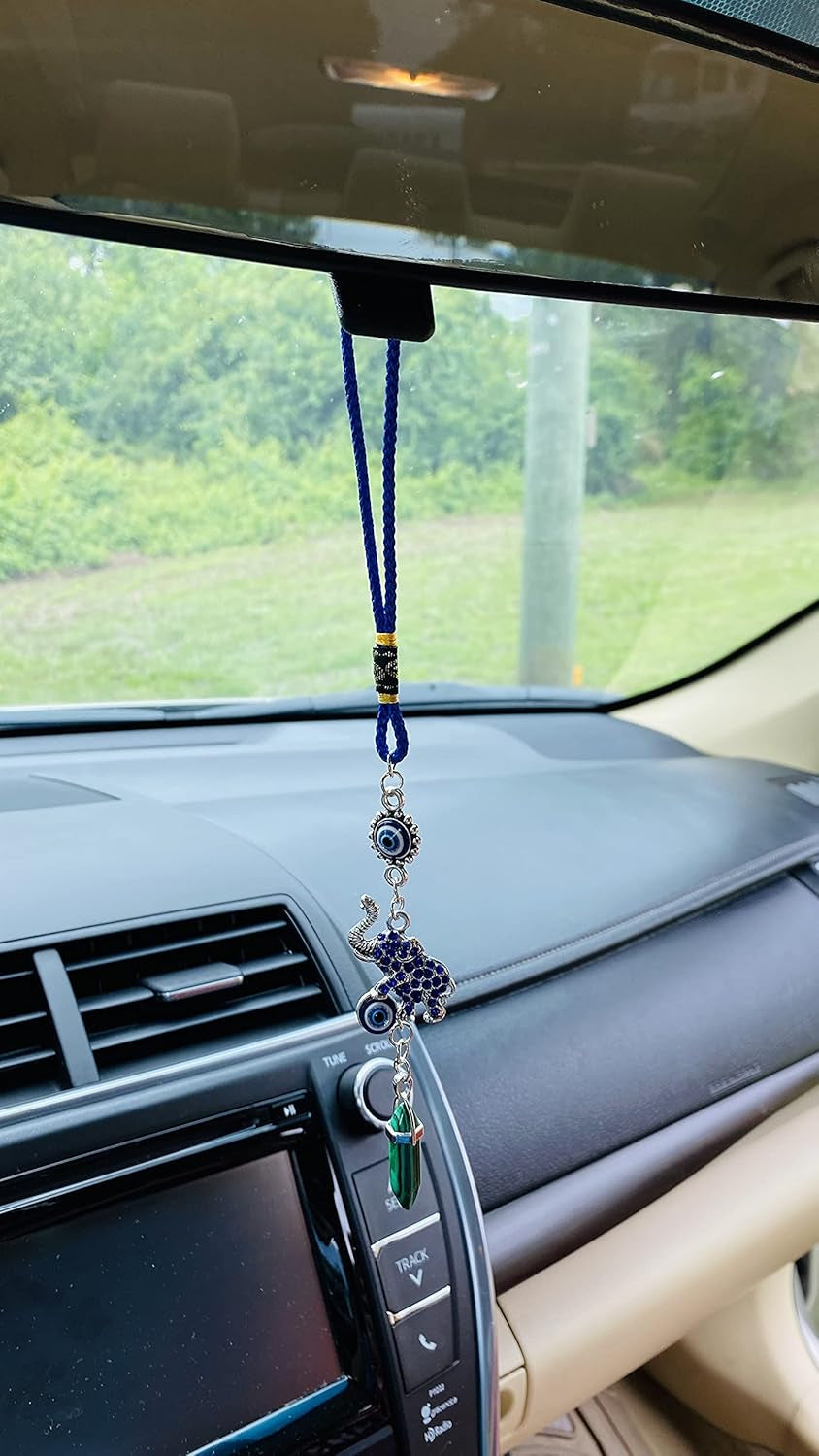 Elephant, Malachite Green Crystal, Mandala Hanging Pendant - Good Luck Car Ornaments for Rear View Mirror
