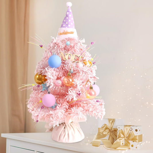 Mini Christmas Tree, 22 Inch Artificial Flocked Tabletop Xmas Trees with Noel Sign Christmas Ball Ornament and Treetop Decor for Home Office Desk Holiday Party Indoor Decoration- Light Pink