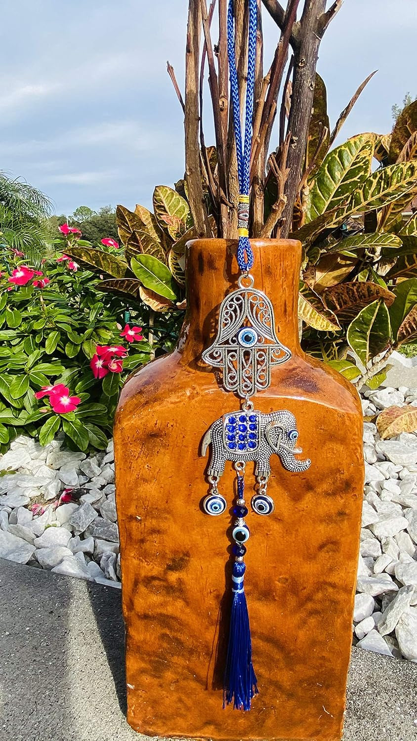 Blue Eye Hamsa Hand + Happy Elephant Double Pendant W/Blue Cord & Tassels - Evil Eye Car Hanging Ornament - Rear View Mirror Accessories, Home Decor Charm - Gift for Men & Women