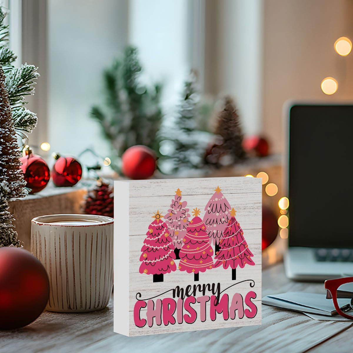 Pink Christmas Sign Pink Christmas Decorations Pink Christmas Tree Sign Merry Christmas Sign for Table Christmas Signs for Home Office Shelf Cubicle Decoration 5 X 5 Inches