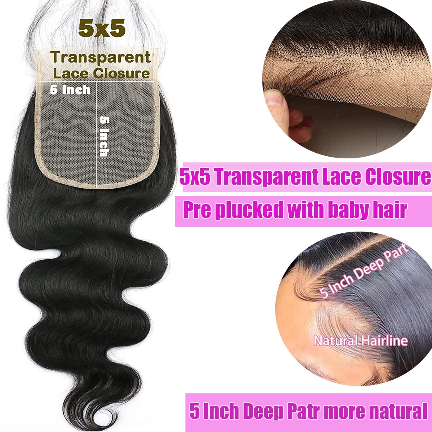 5X5 Hd Lace Closure 5X5 Body Wave Closure Human Hair 12A Real Transparent Lace Closure Virgin Remy Human Hair Frontal Closure Pre Plucked with Baby Hair Natural Black Color(10Inch)