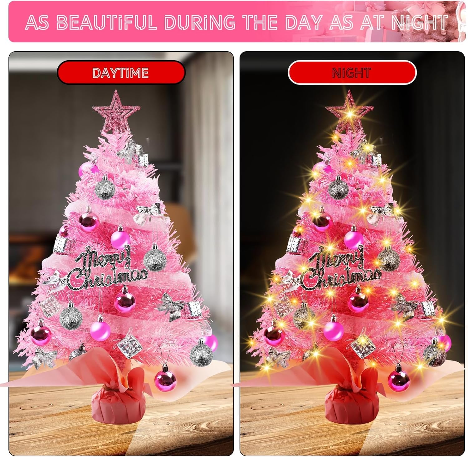 23 Inch Tabletop Christmas Tree with Led Lights,Artificial Mini Christmas Tree, DIY Artificial Tabletop Christmas Tree,Christmas Decorations for Home Desktop Xmas Tabletop Decoration (Pink)