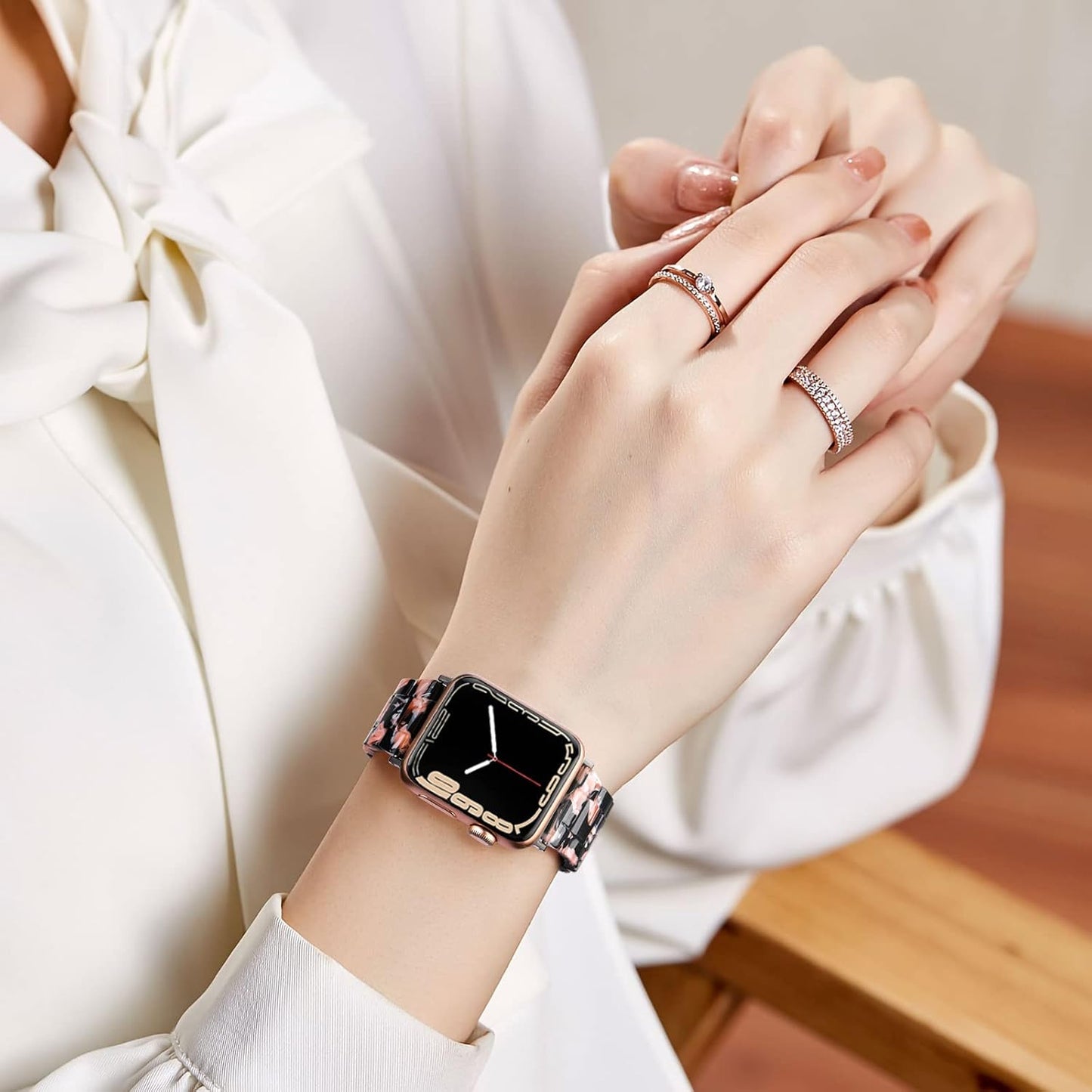 Resin Bands Compatible with Apple Watch Band 40Mm 38Mm 41Mm Series 9/8/7/6/5/4/3/2/1/SE Women Men, Durable Stainless Steel Buckle Stylish Flower Iwatch Replacement Wristband Bracelet Black Rose