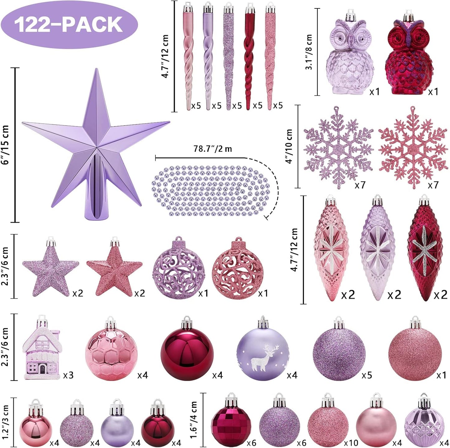 122 Pack Christmas Ball Ornaments Set, Plastic Shatterproof Christmas Hanging Decoration Hand-Held Package, for Home Xmas Tree Holiday Wedding Party Decor - Purple/Pink.