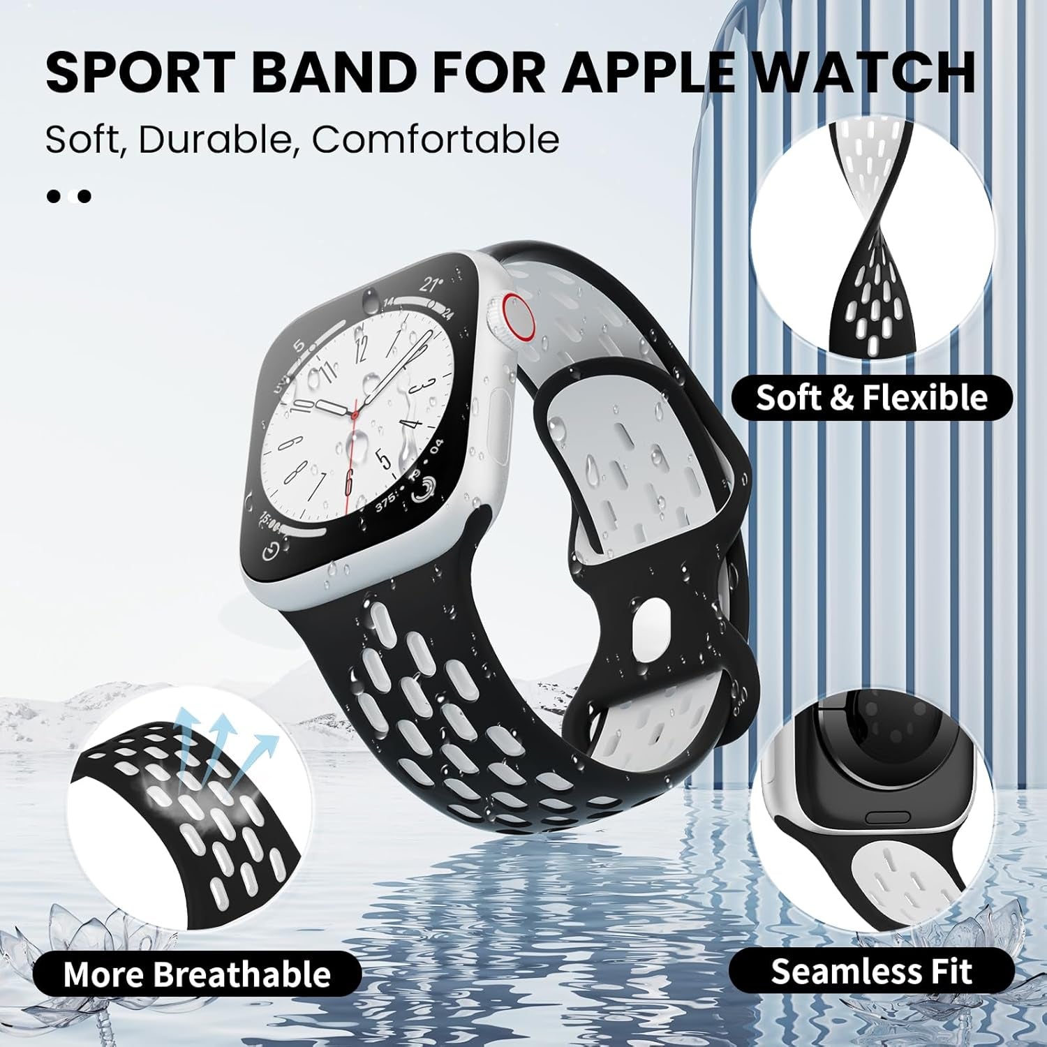 Sport Silicone Bands Compatible with Apple Watch Band 46Mm 45Mm 44Mm 42Mm 49Mm 41Mm 40Mm 38Mm, Breathable Soft Strap Replacement Wristband for Iwatch Ultra 2 Series 10 9 8 7 SE 6 5 4 3 2 1 Men Women