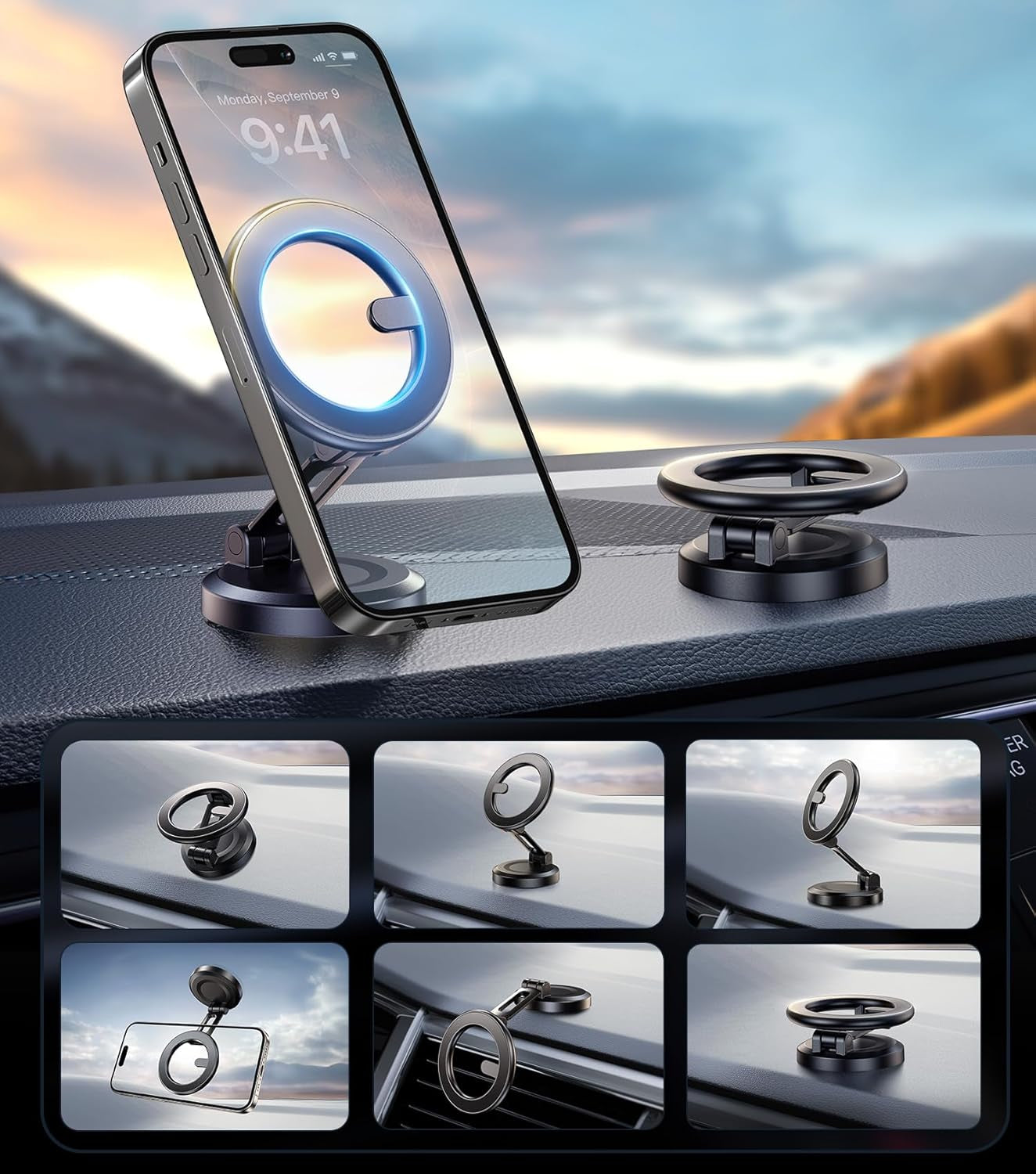 Folding Car Phone Mount for Magsafe, Magnetic Dashboard, Windshield Holder, Strong Suction, Easy to Relocate, Must-Have for Car Rentals, Best Accessories for Men Women Iphone 16E/15/14/13/12 Pro Max