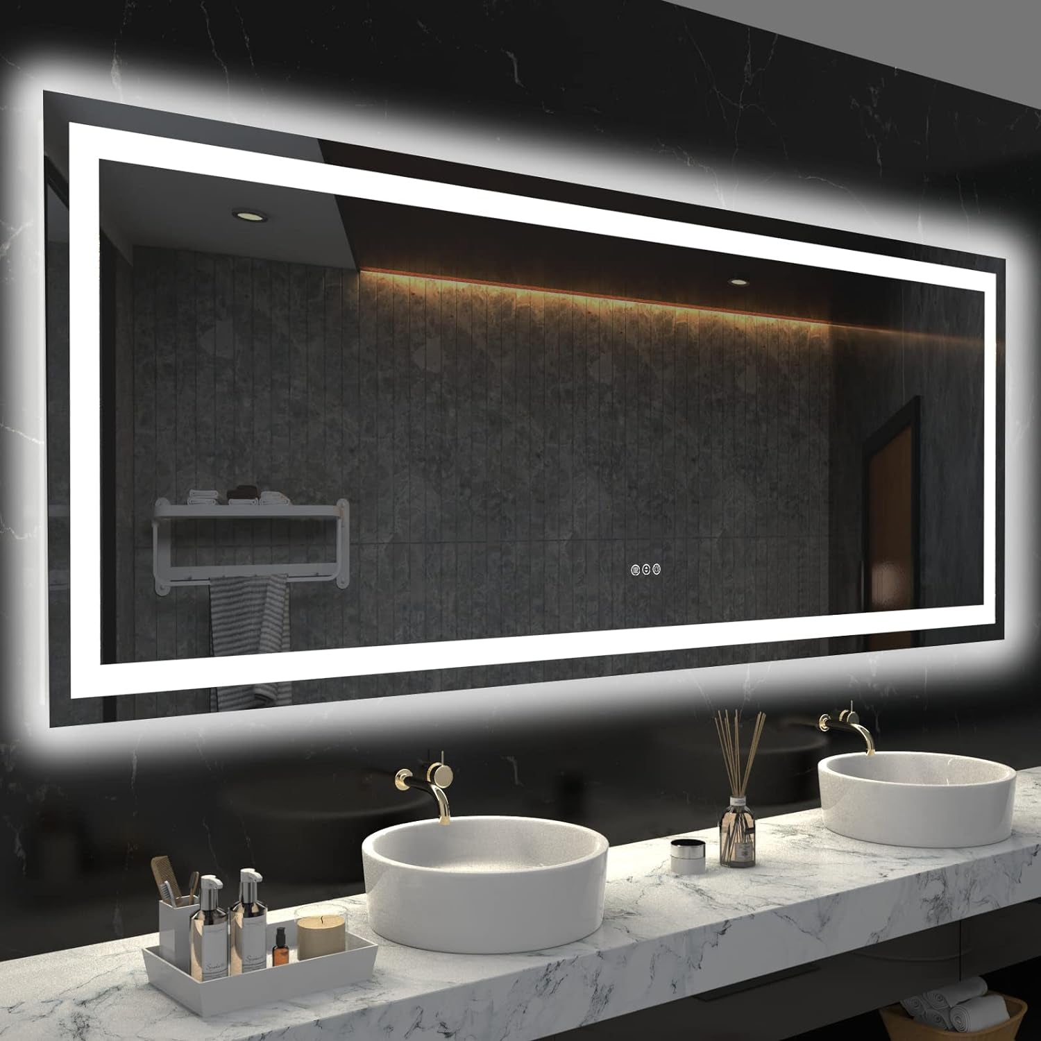 60”X30“ RGB LED Bathroom Mirror with Lights for Bathroom, Anti-Fog, Dimmable，Multiple Light Modes, RGB Backlit + Front Light, Memory Function, Tempered Glass