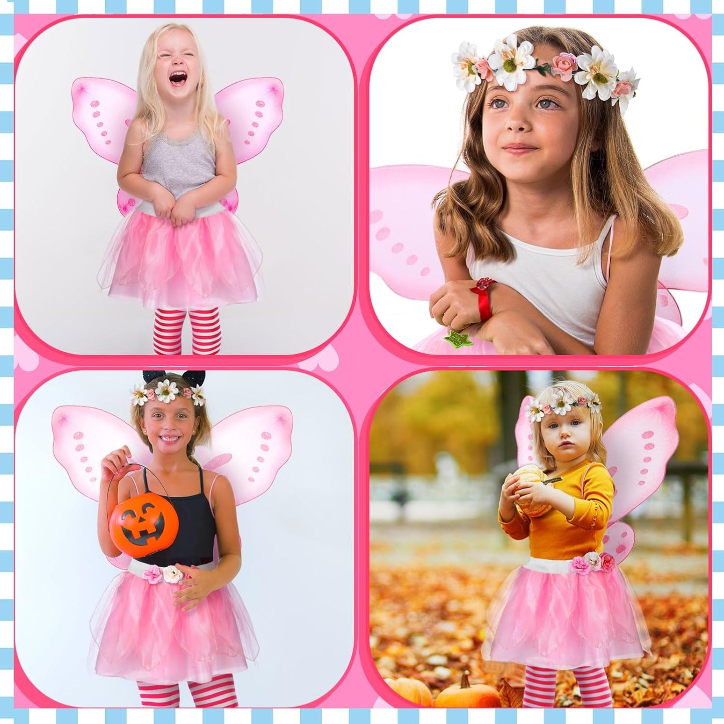 4 Pcs Halloween Girls Costume Includes Wings Tutu Headband Striped Tights for Kids Toddler Halloween