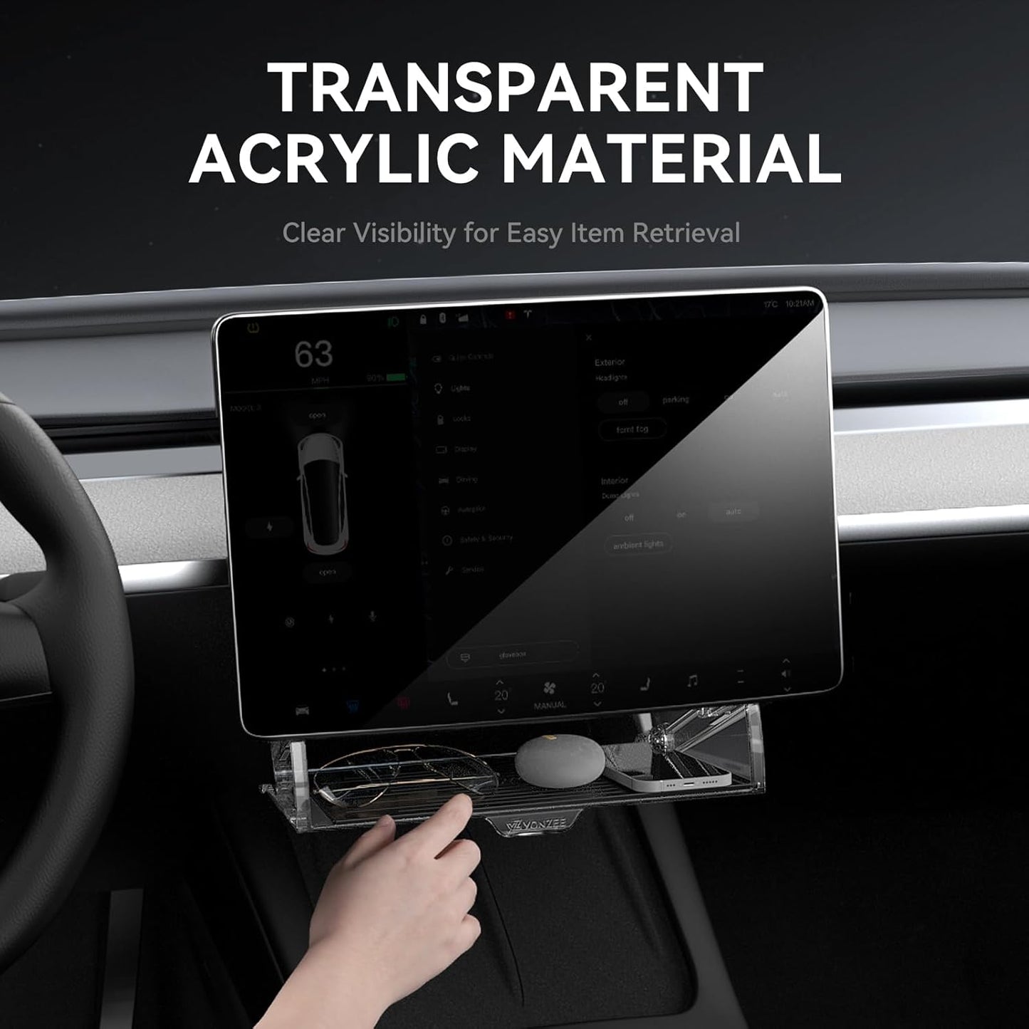 Open and Close under Screen Storage for Tesla 2020-2024 Model Y and 2017-2023 Model 3 with behind Screen Storage Organizer, 2024 Tesla Owners Must Have Accessories(Not Fit 2024 Model 3 Highland)