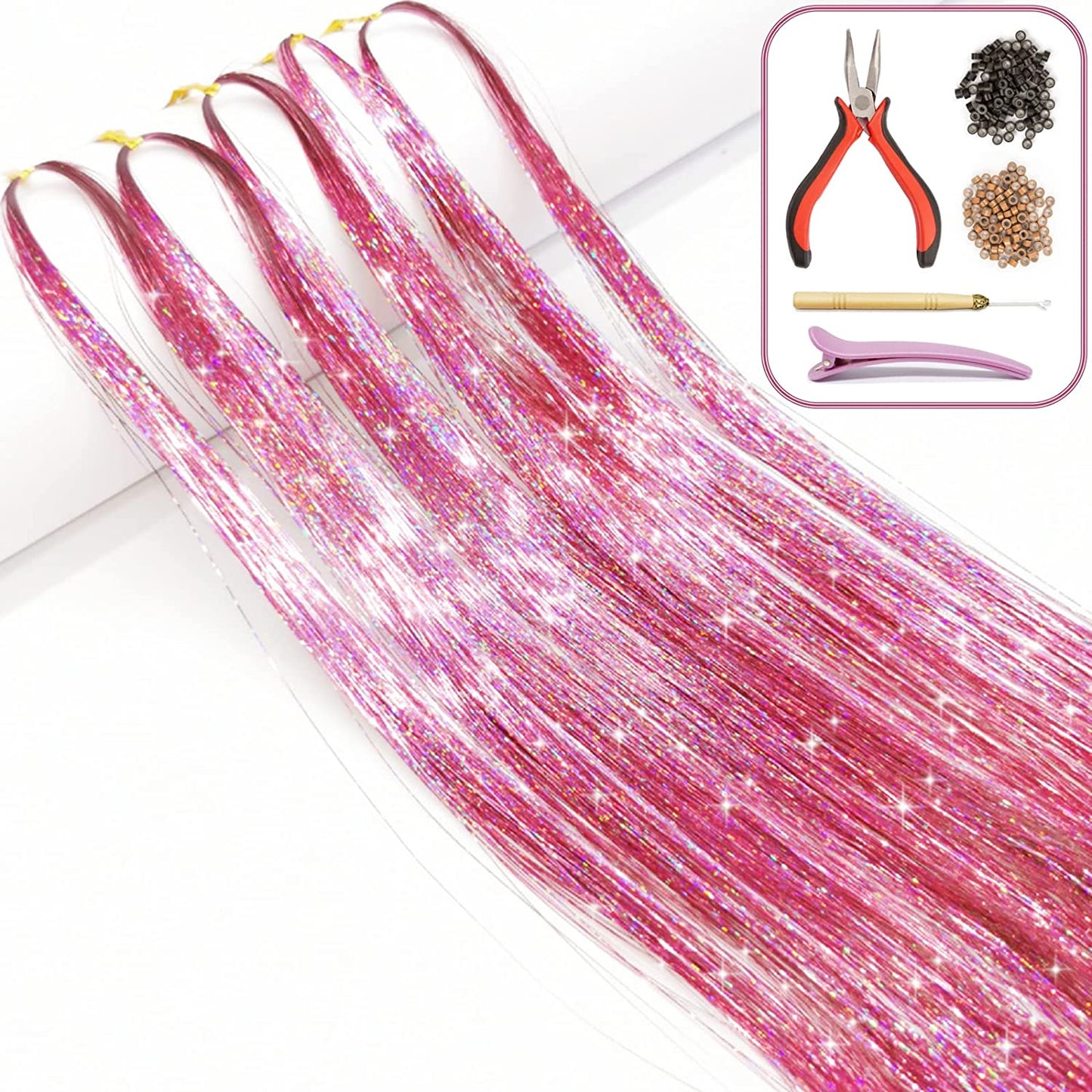 Hair Tinsel Kit with Tools and Instruction Easy to Use 1000 Strands 47 Inches Glitter Tinsel Hair Extensions for Women and Girls, Sparkling Shinny Fairy Hair Accessories for Christmas New Year Halloween Cosplay Party (Pink)