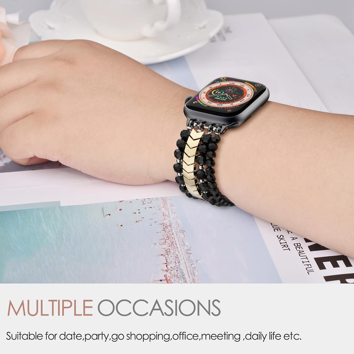 Beaded Bracelet Compatible with Apple Watch Band 42Mm/44Mm/45Mm Series 9/8/7/SE/6/5/4/3/2/1 Women Fashion Handmade Elastic Stretch Strap for Iwatch Bands Replacement