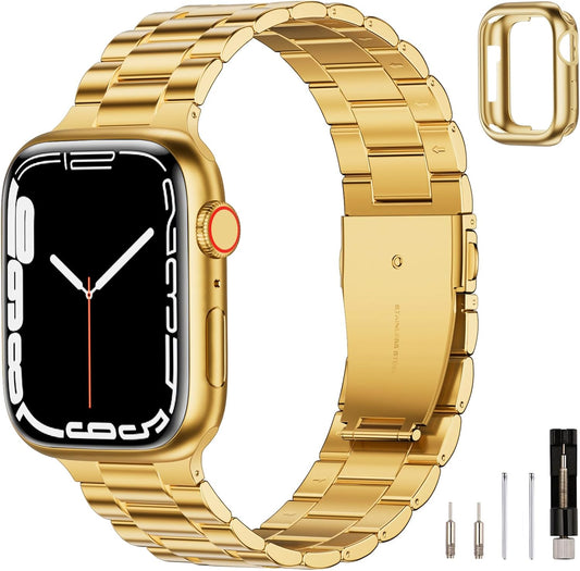 Compatible with Apple Watch Band 41Mm 40Mm 38Mm for Women Men, Stainless Steel Metal Iwatch Band with Case for Apple Watch Series 9/8/7/6/5/4/3/2/1/SE/SE2 (Gold-Plated, 38Mm/40Mm/41Mm)