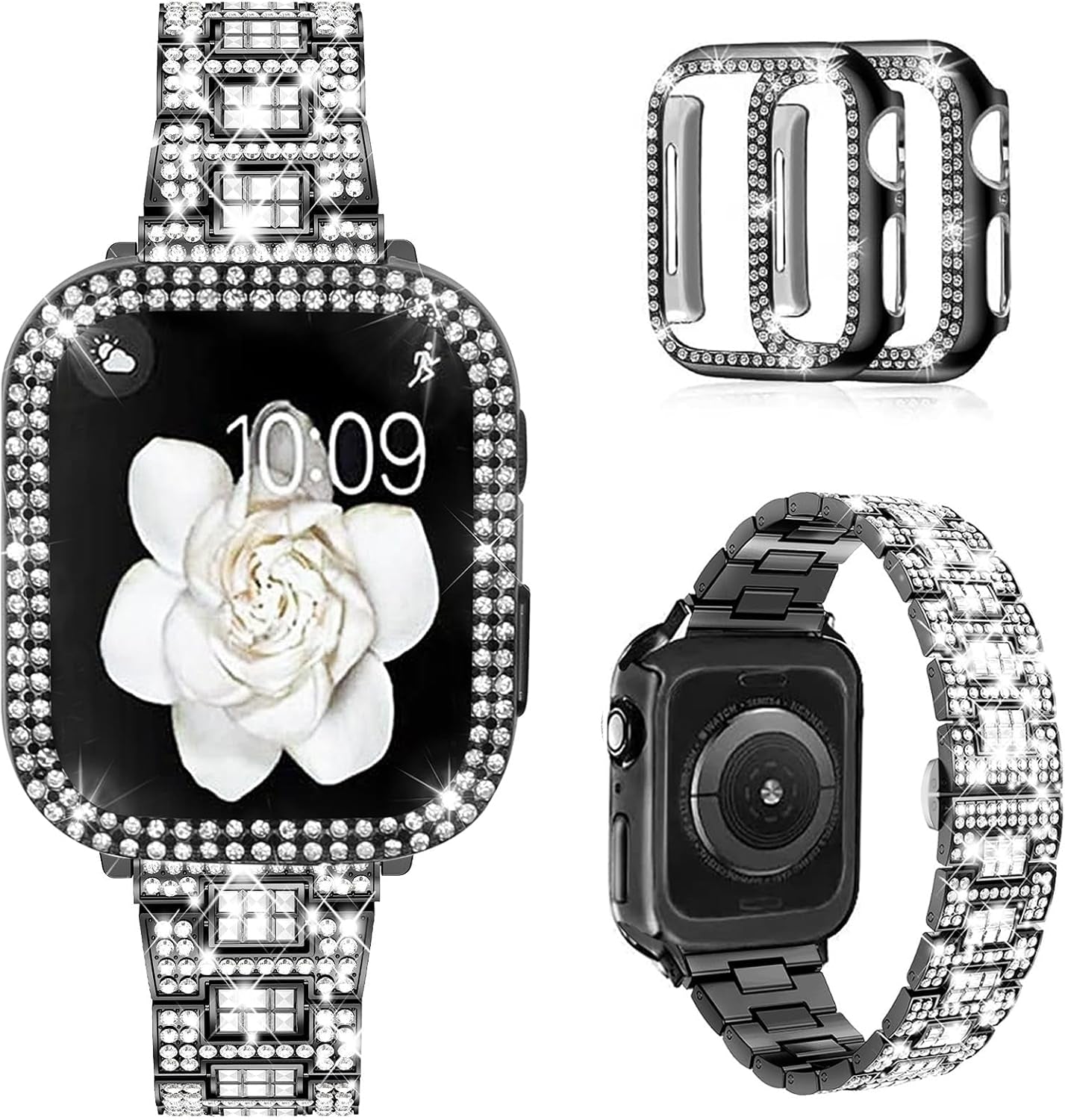 Compatible with Apple Watch Band 38Mm 40Mm 41Mm 42Mm 44Mm 45Mm 49Mm with 2 Pack Case Women, Jewelry Replacement Metal Wristband Strap with Bling PC Protective Case for Iwatch Ultra SE Series 9/8/7/6/5/4/3/2/1