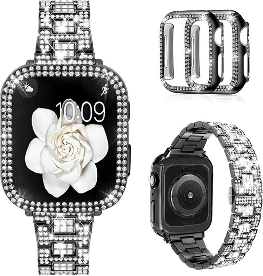 Compatible with Apple Watch Band 38Mm 40Mm 41Mm 42Mm 44Mm 45Mm 49Mm with 2 Pack Case Women, Jewelry Replacement Metal Wristband Strap with Bling PC Protective Case for Iwatch Ultra SE Series 9/8/7/6/5/4/3/2/1