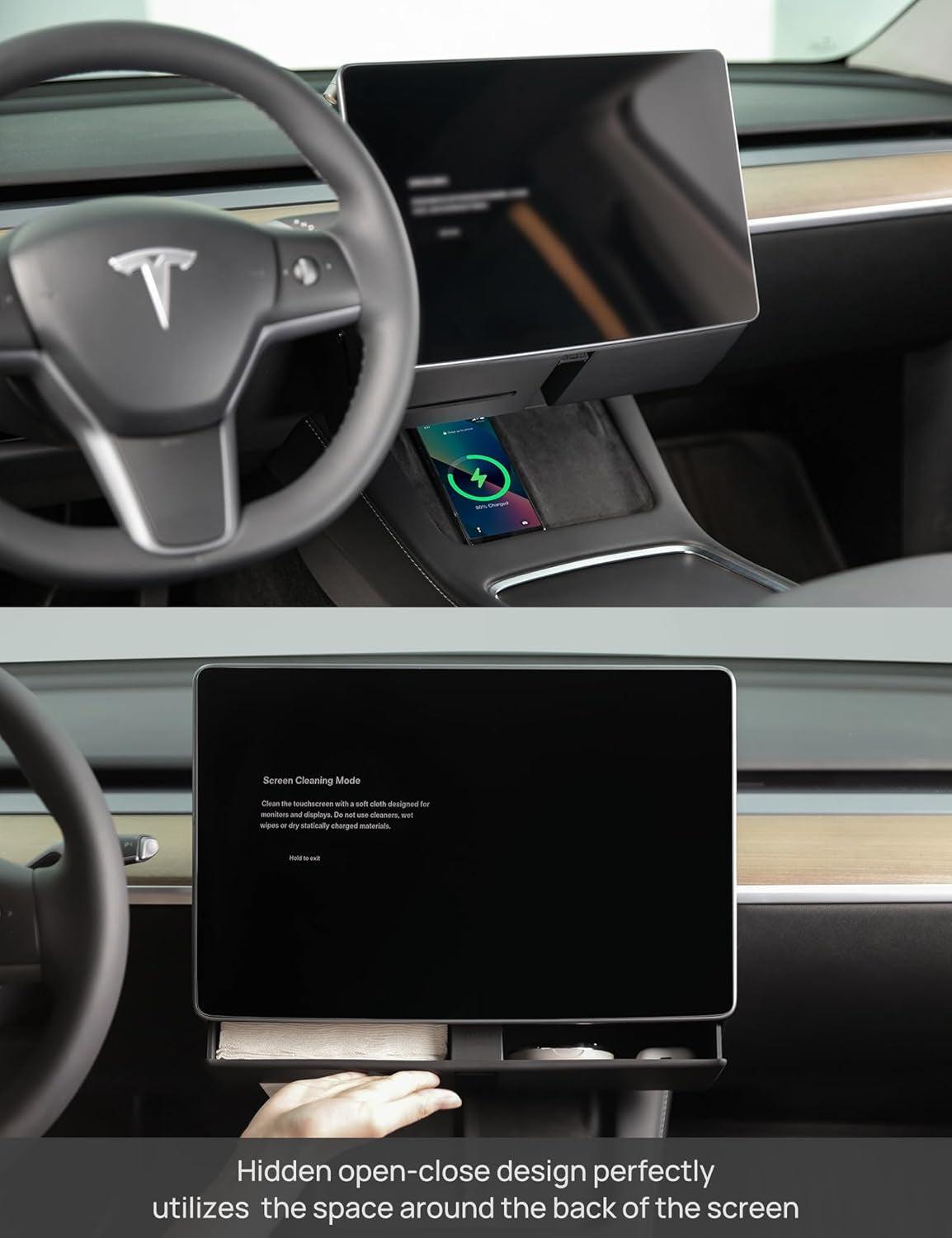 Hidden under Screen Storage Box for Tesla Model 3 Model Y with Open-Close Design, Magnetic Center Console Organizer Dashboard Tissue Sunglass Holder