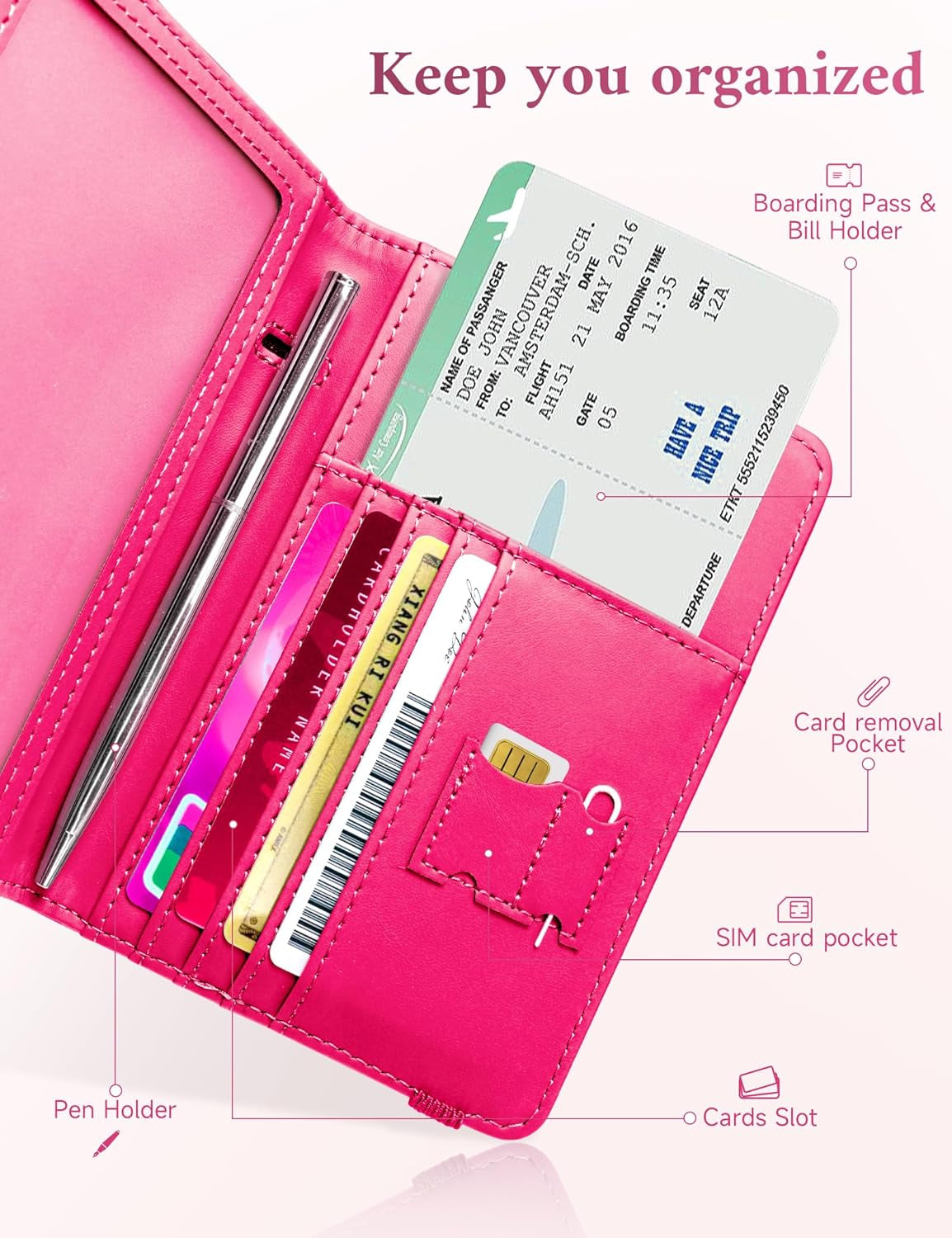 Passport Holder, RFID Blocking Passport Cover Wallet Case with Elastic Strap, Faux Leather Passport Card Holder, Cute Travel Essentials for Women Men Family, Hot Pink TLBH